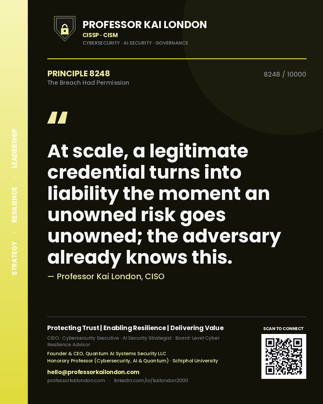 Professor Kai London principle 8248: At scale, a legitimate credential turns into liability the moment an unowned risk goes unowned; the adversary already knows this.