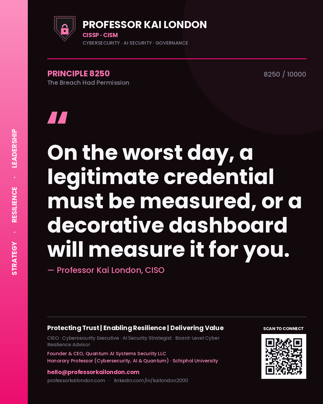 Quote card by Professor Kai London reading 'On the worst day, a legitimate credential must be measured, or a decorative dashboard will measure it for you.'. From the book The Breach Had Permission.