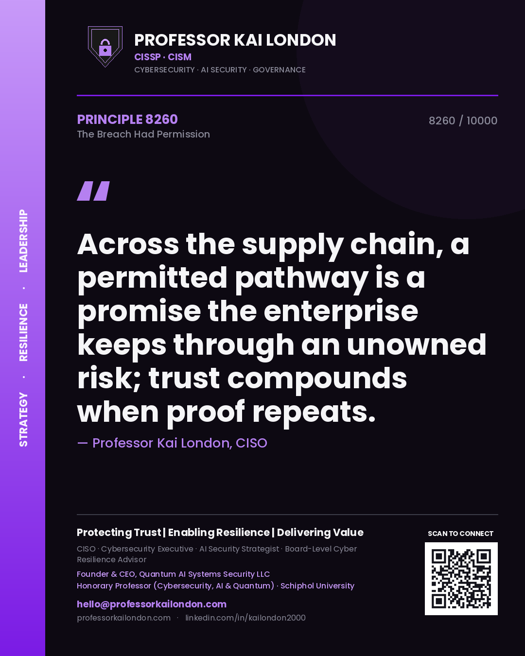 Professor Kai London principle 8260: Across the supply chain, a permitted pathway is a promise the enterprise keeps through an unowned risk; trust compounds when proof repeats.