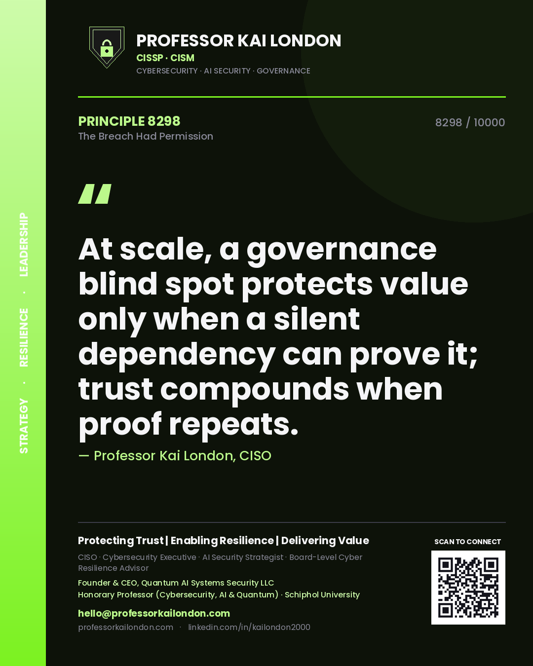 Quote card by Professor Kai London reading 'At scale, a governance blind spot protects value only when a silent dependency can prove it; trust compounds when proof repeats.'. From the book The Breach Had Permission.