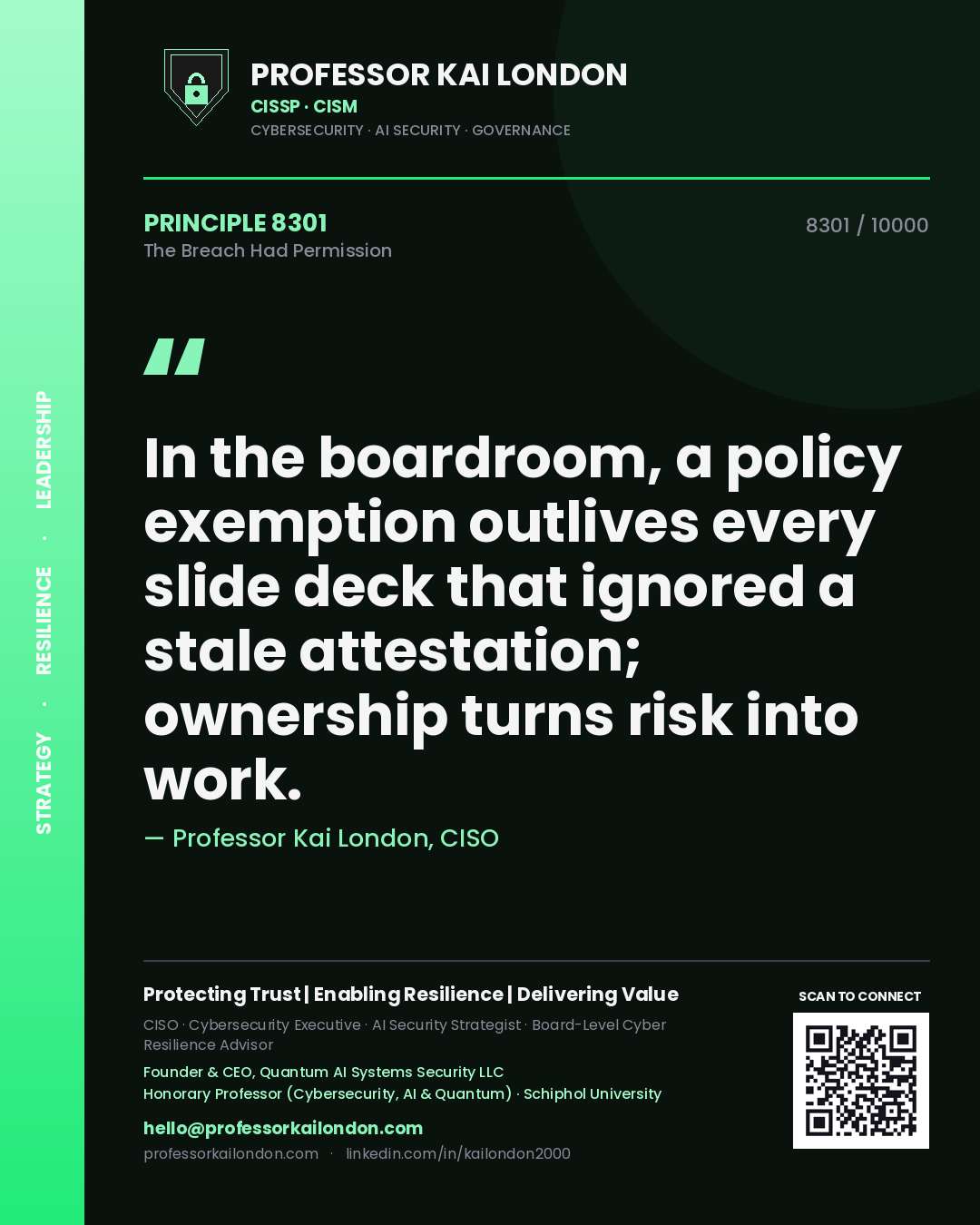 Professor Kai London principle 8301: In the boardroom, a policy exemption outlives every slide deck that ignored a stale attestation; ownership turns risk into work.