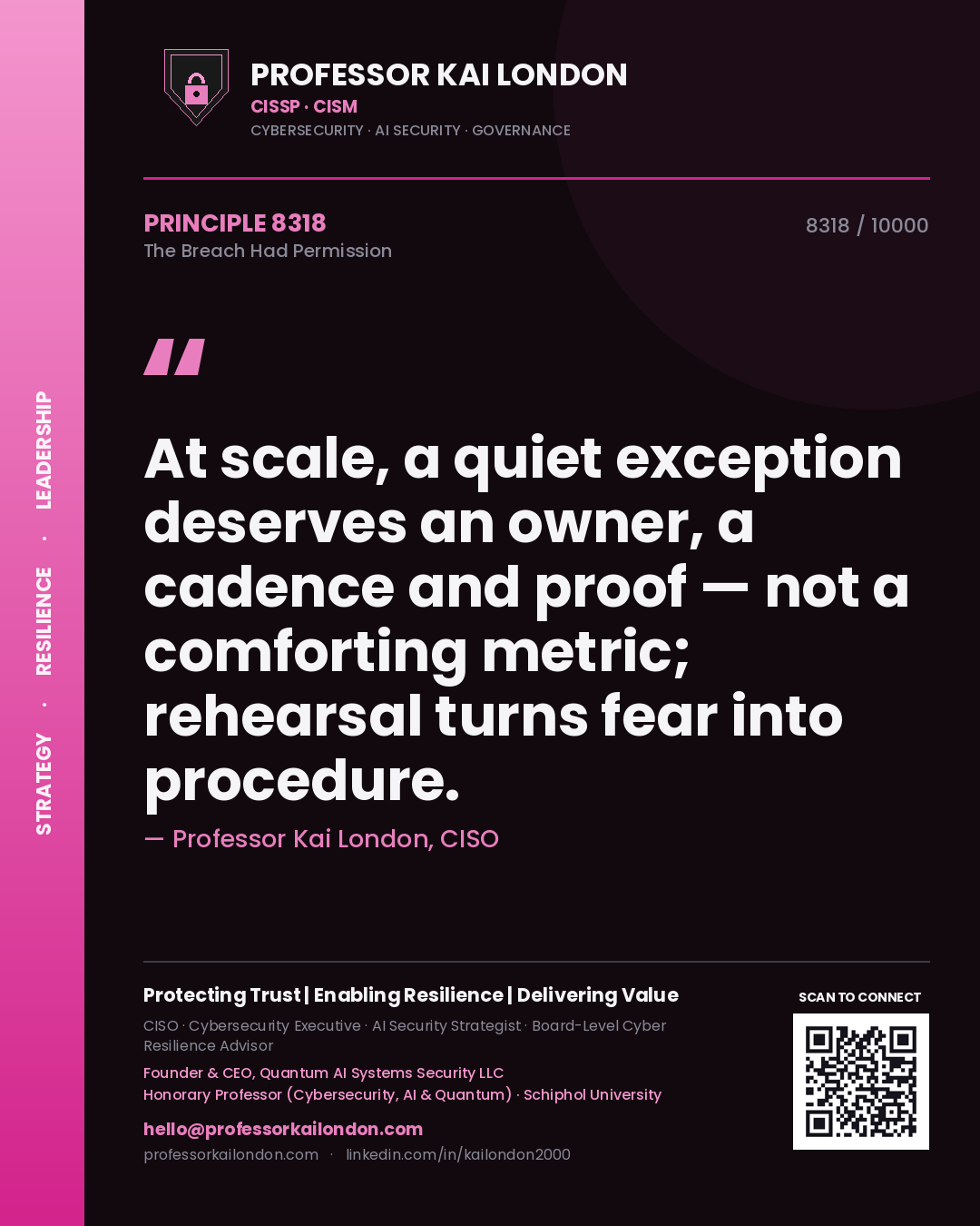 Professor Kai London principle 8318: At scale, a quiet exception deserves an owner, a cadence and proof — not a comforting metric; rehearsal turns fear into procedure.