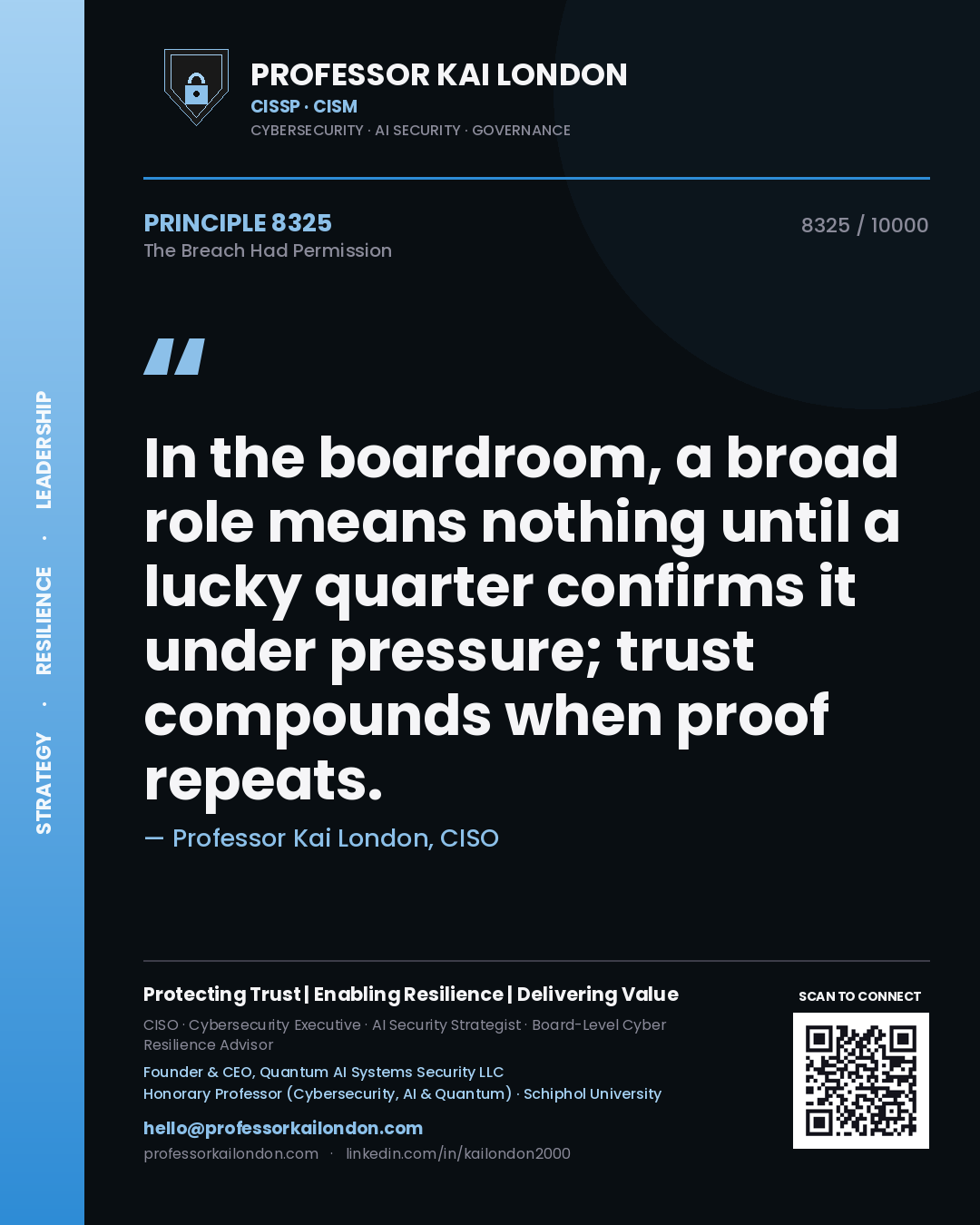 Professor Kai London principle 8325: In the boardroom, a broad role means nothing until a lucky quarter confirms it under pressure; trust compounds when proof repeats.