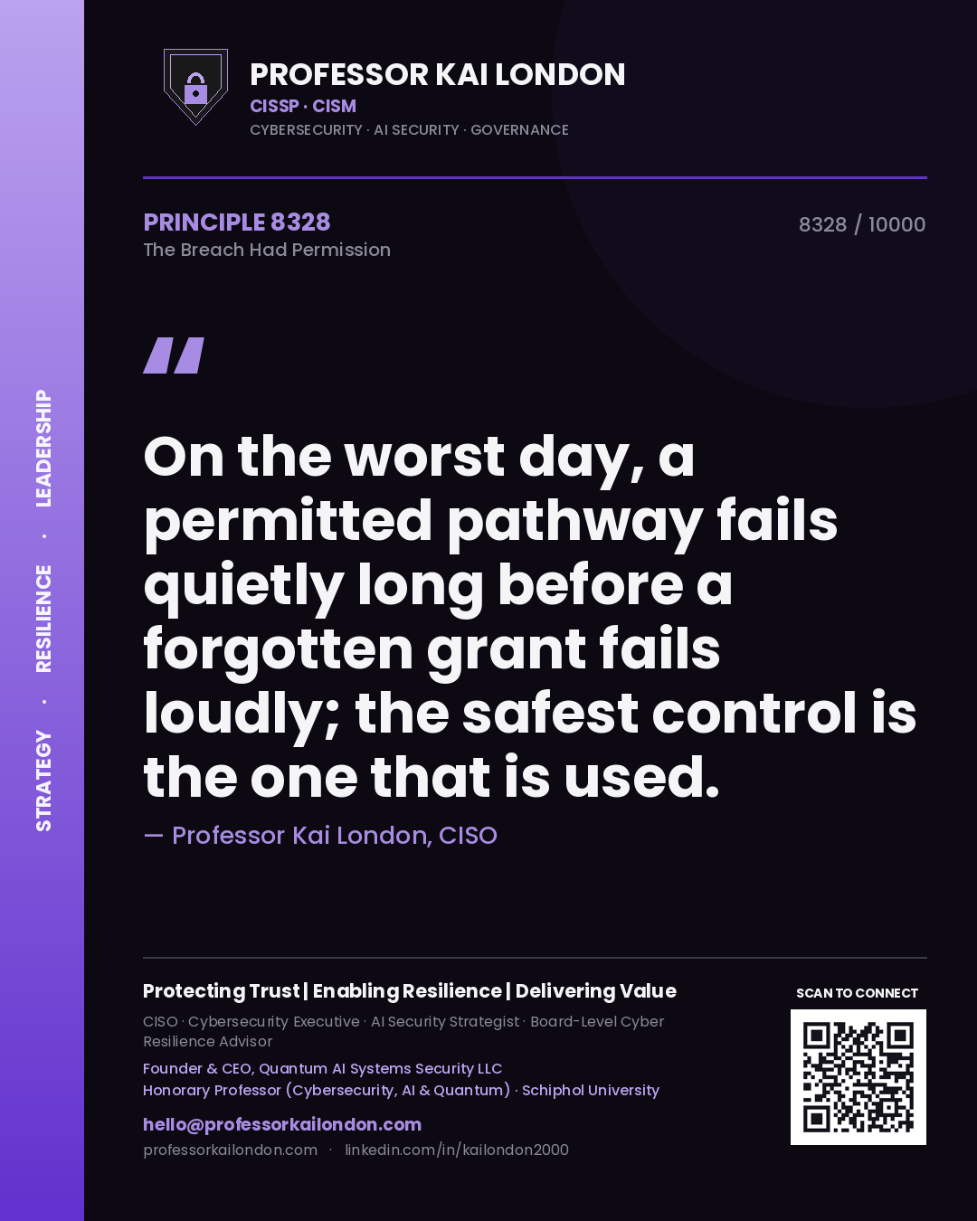 Quote card by Professor Kai London reading 'On the worst day, a permitted pathway fails quietly long before a forgotten grant fails loudly; the safest control is the one that is used.'. From the book The Breach Had Permission.