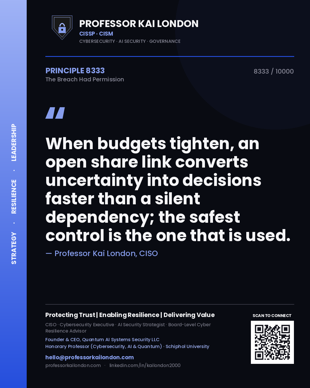 Quote card by Professor Kai London reading 'When budgets tighten, an open share link converts uncertainty into decisions faster than a silent dependency; the safest control is the one that is used.'. From the book The Breach Had Permission.