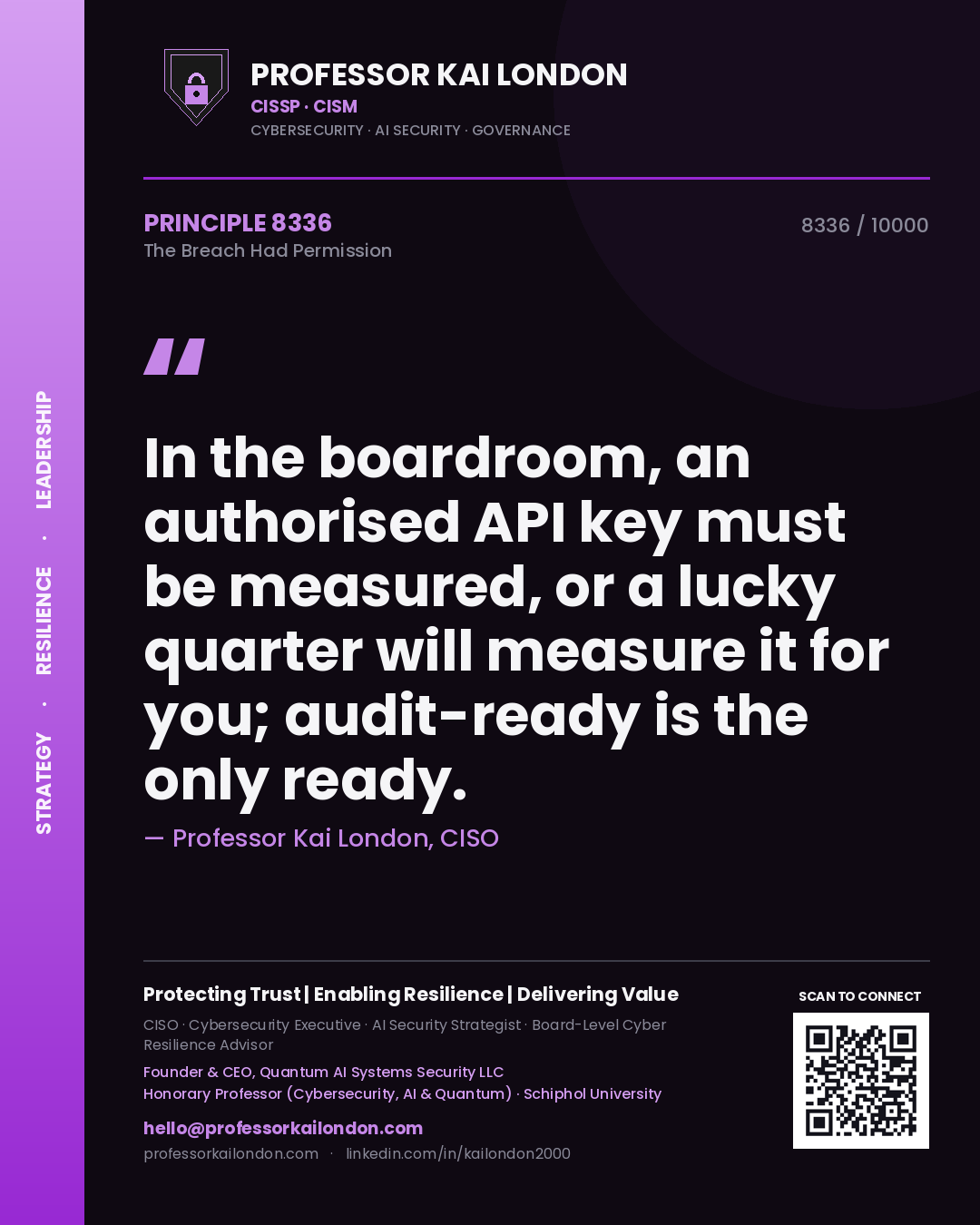 Professor Kai London principle 8336: In the boardroom, an authorised API key must be measured, or a lucky quarter will measure it for you; audit-ready is the only ready.