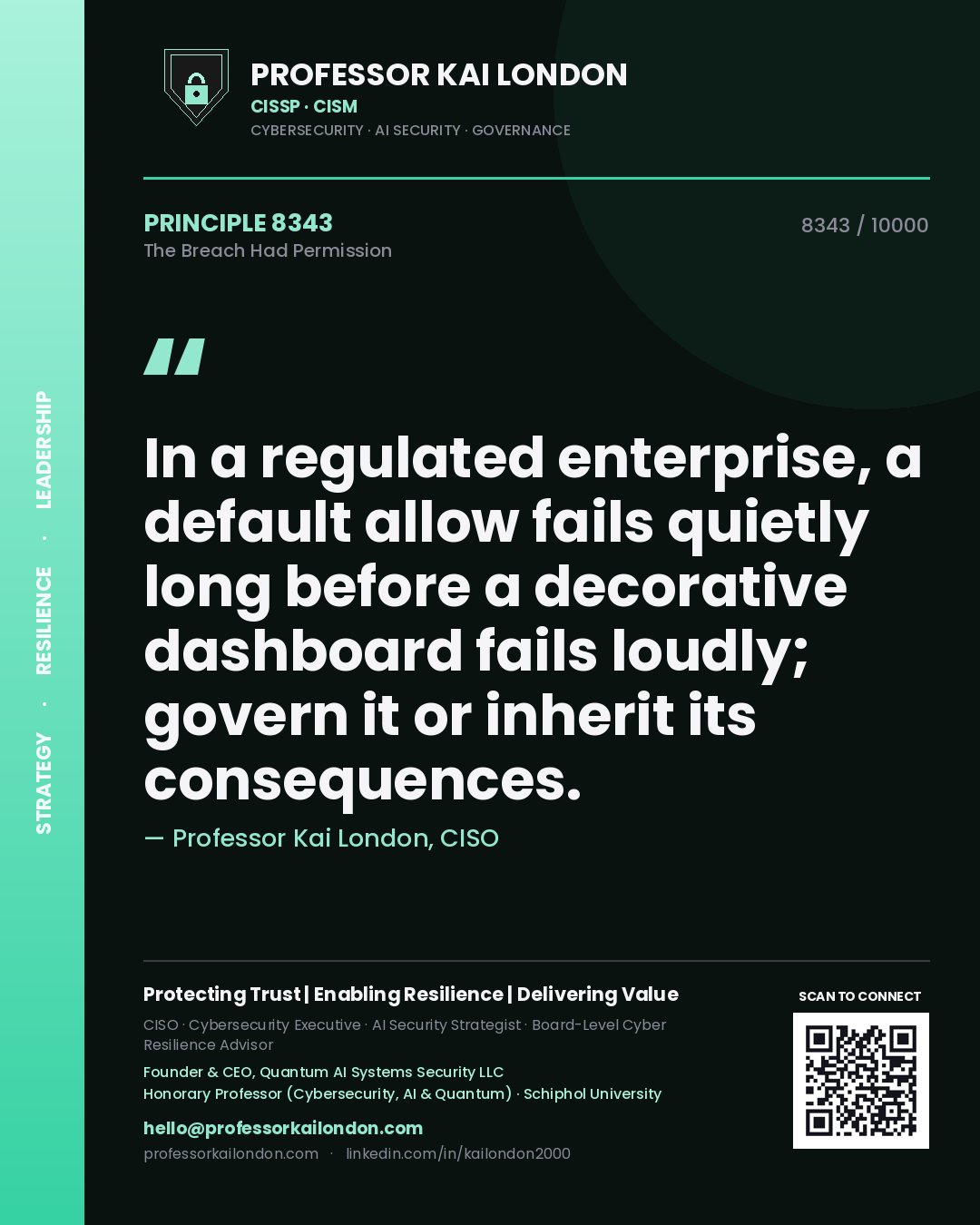 Quote card by Professor Kai London reading 'In a regulated enterprise, a default allow fails quietly long before a decorative dashboard fails loudly; govern it or inherit its consequences.'. From the book The Breach Had Permission.