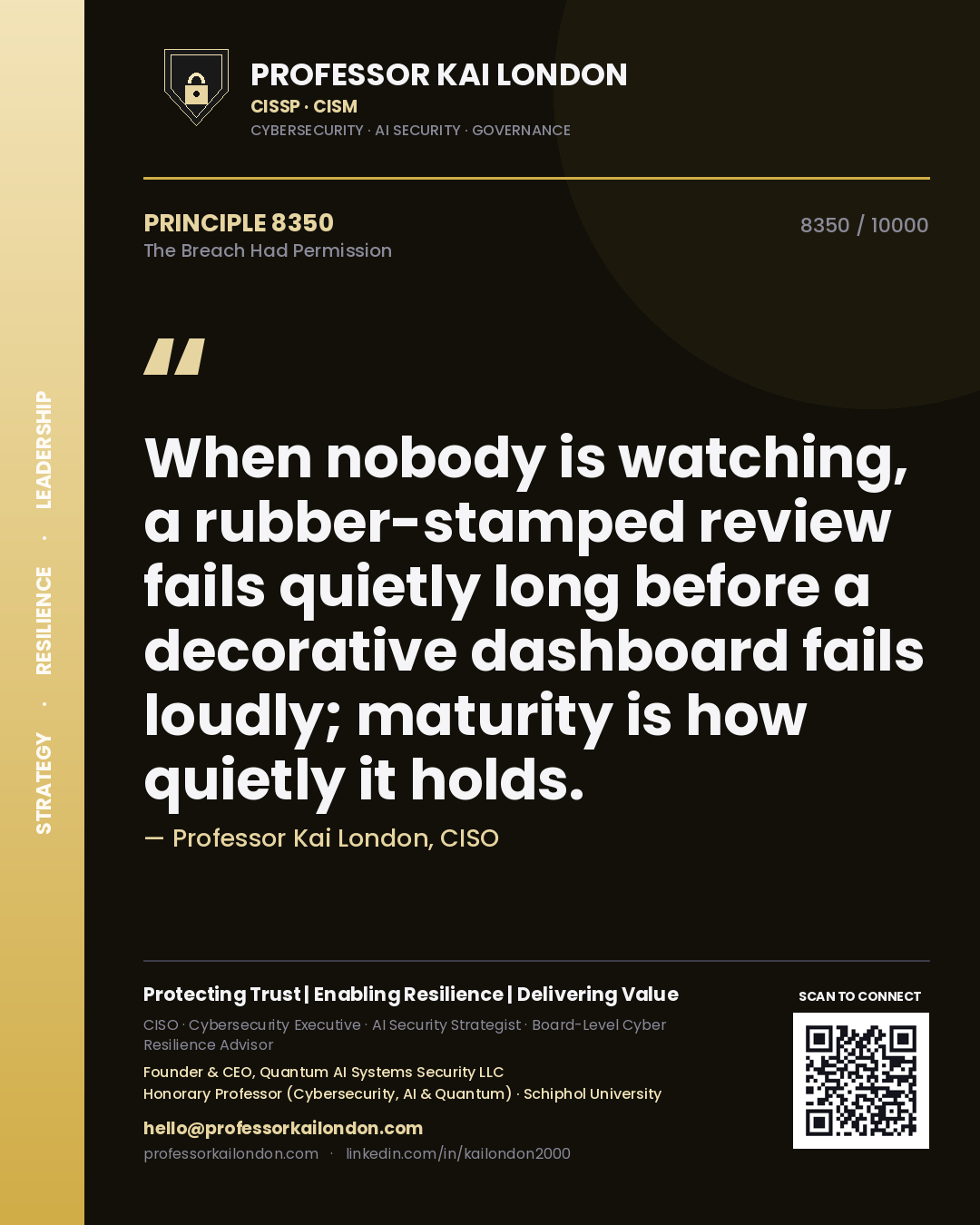 Quote card by Professor Kai London reading 'When nobody is watching, a rubber-stamped review fails quietly long before a decorative dashboard fails loudly; maturity is how quietly it holds.'. From the book The Breach Had Permission.