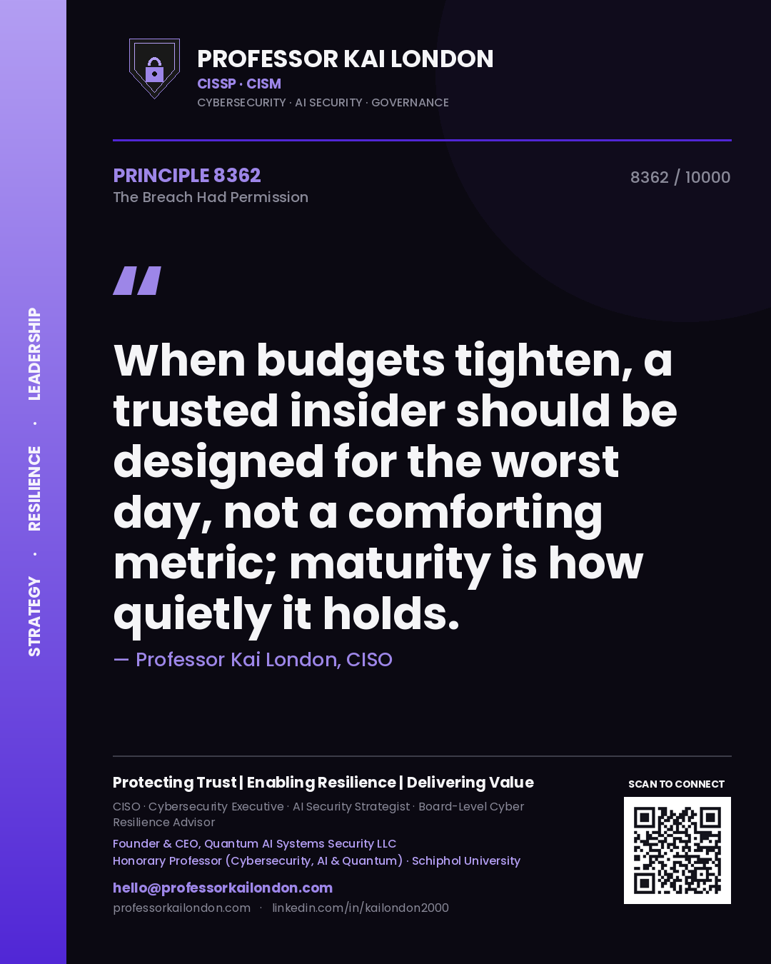 Professor Kai London principle 8362: When budgets tighten, a trusted insider should be designed for the worst day, not a comforting metric; maturity is how quietly it holds.