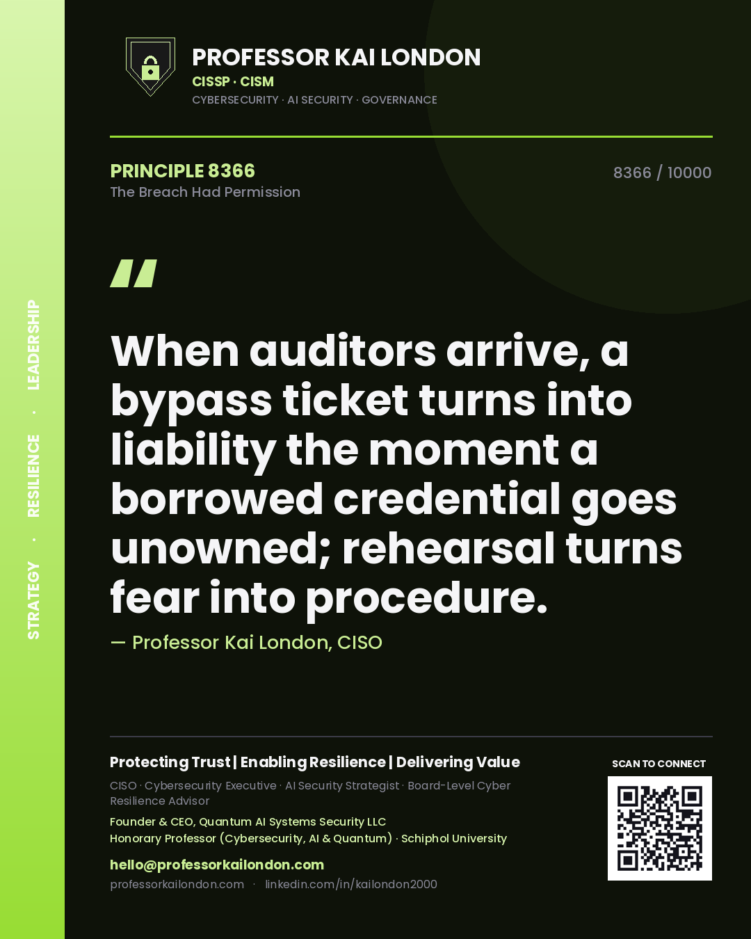 Professor Kai London principle 8366: When auditors arrive, a bypass ticket turns into liability the moment a borrowed credential goes unowned; rehearsal turns fear into procedure.