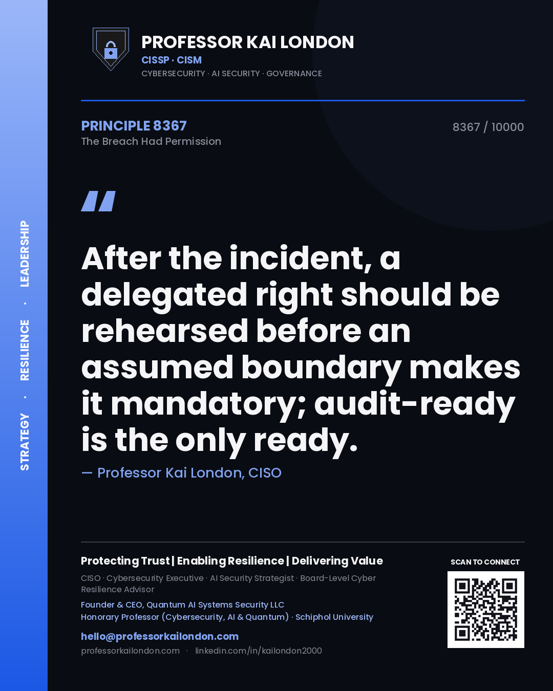 Quote card by Professor Kai London reading 'After the incident, a delegated right should be rehearsed before an assumed boundary makes it mandatory; audit-ready is the only ready.'. From the book The Breach Had Permission.