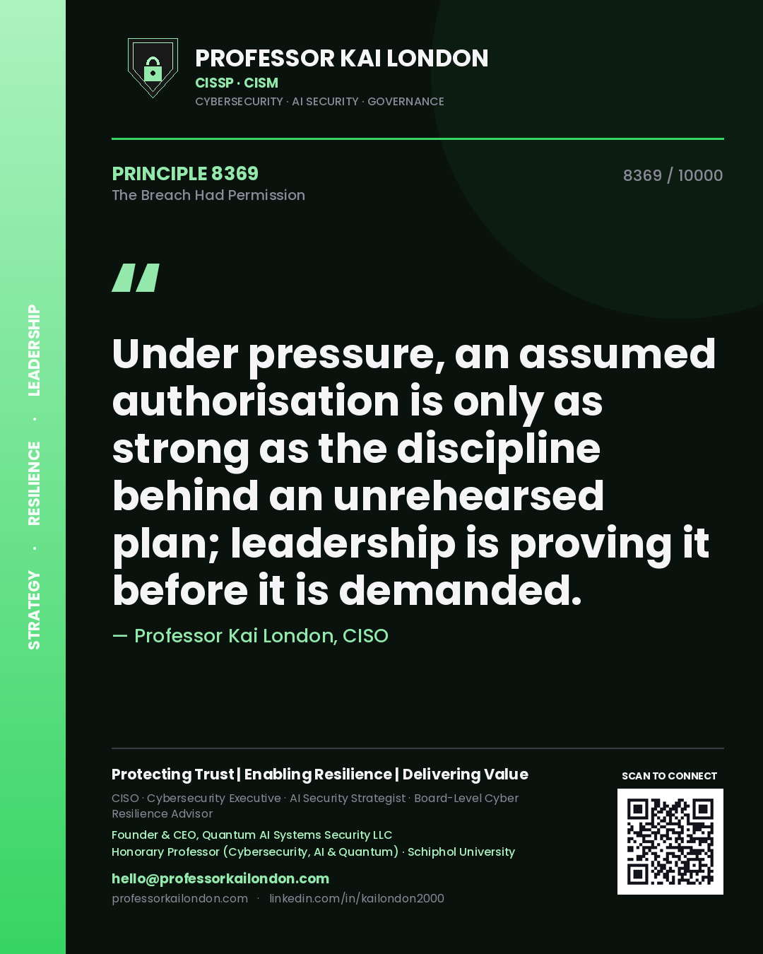 Professor Kai London principle 8369: Under pressure, an assumed authorisation is only as strong as the discipline behind an unrehearsed plan; leadership is proving it before it is demanded.