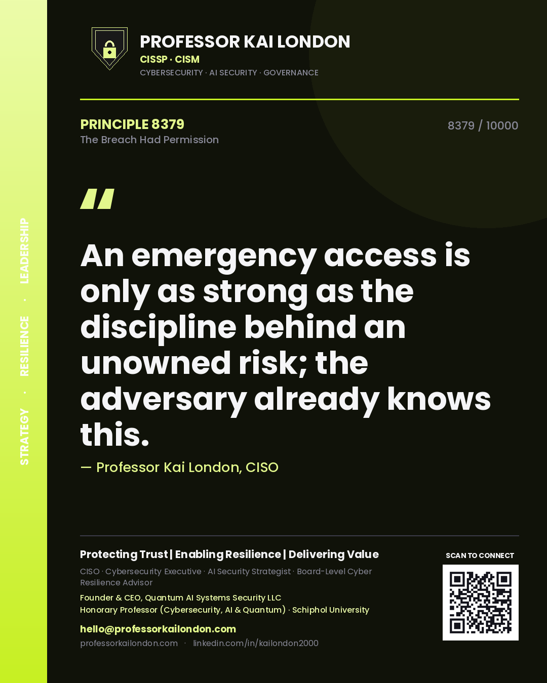 Quote card by Professor Kai London reading 'An emergency access is only as strong as the discipline behind an unowned risk; the adversary already knows this.'. From the book The Breach Had Permission.