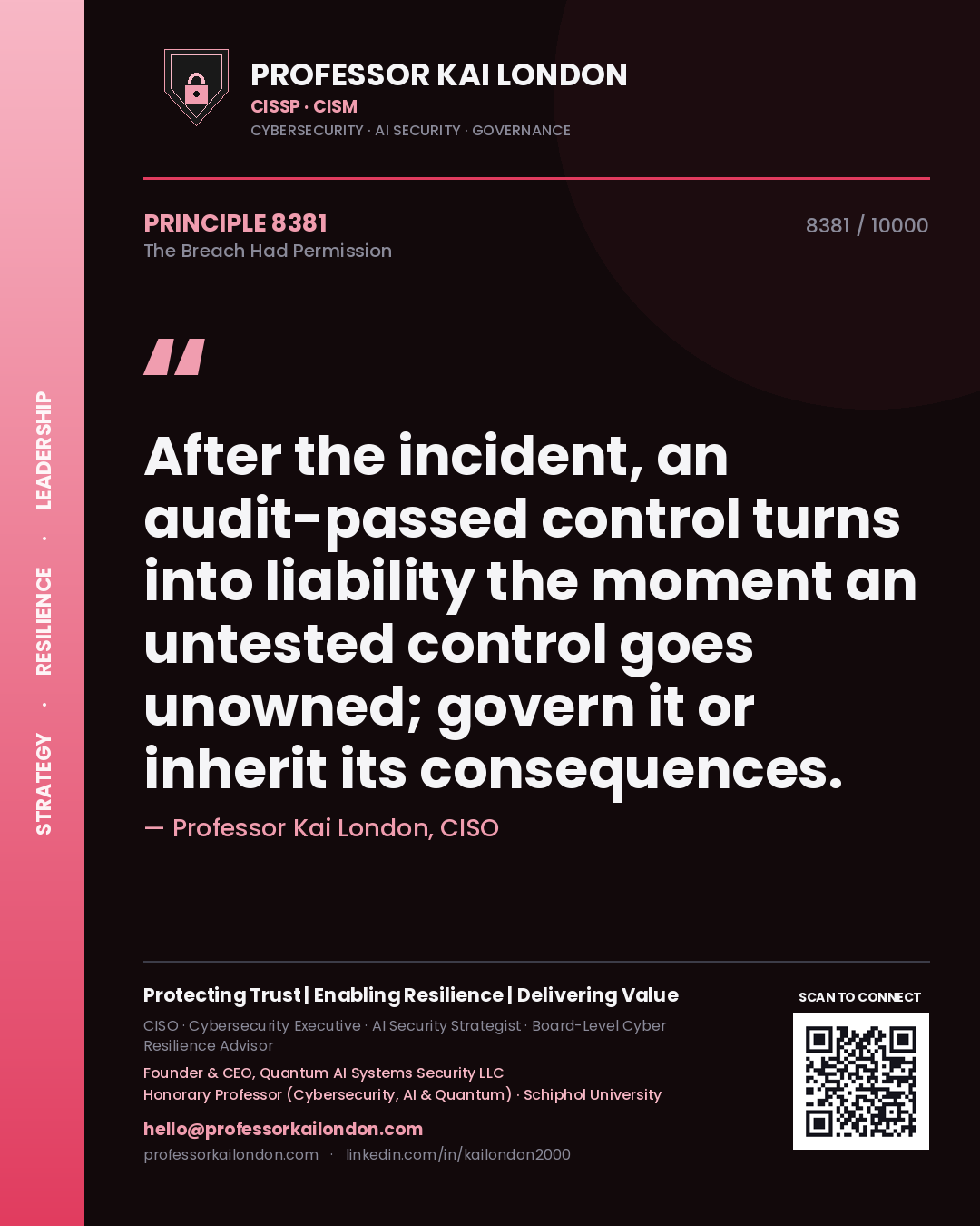 Professor Kai London principle 8381: After the incident, an audit-passed control turns into liability the moment an untested control goes unowned; govern it or inherit its consequences.