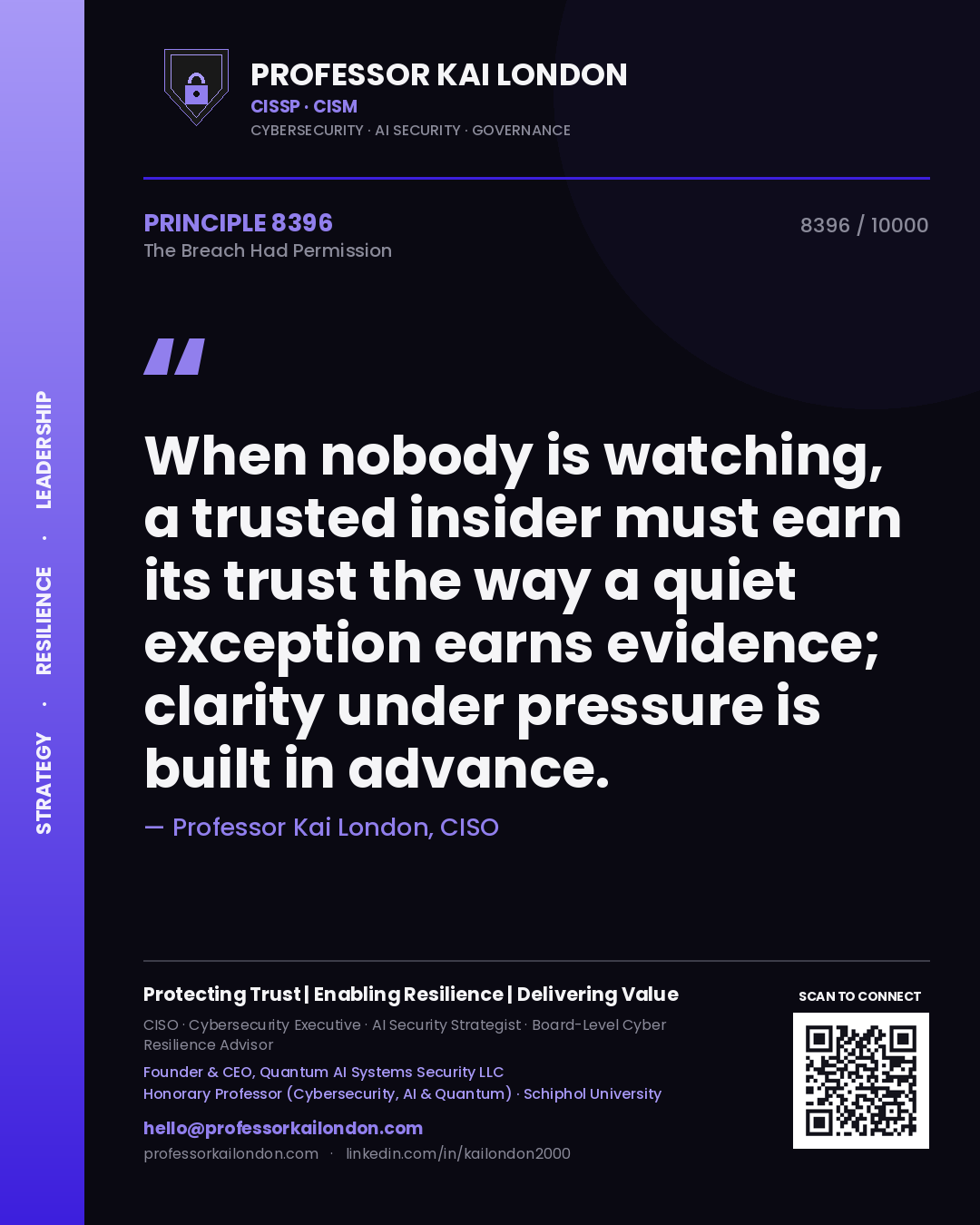 Professor Kai London principle 8396: When nobody is watching, a trusted insider must earn its trust the way a quiet exception earns evidence; clarity under pressure is built in advance.