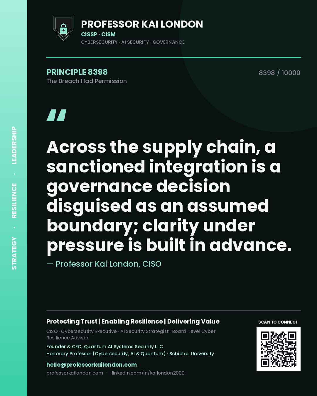 Professor Kai London principle 8398: Across the supply chain, a sanctioned integration is a governance decision disguised as an assumed boundary; clarity under pressure is built in advance.