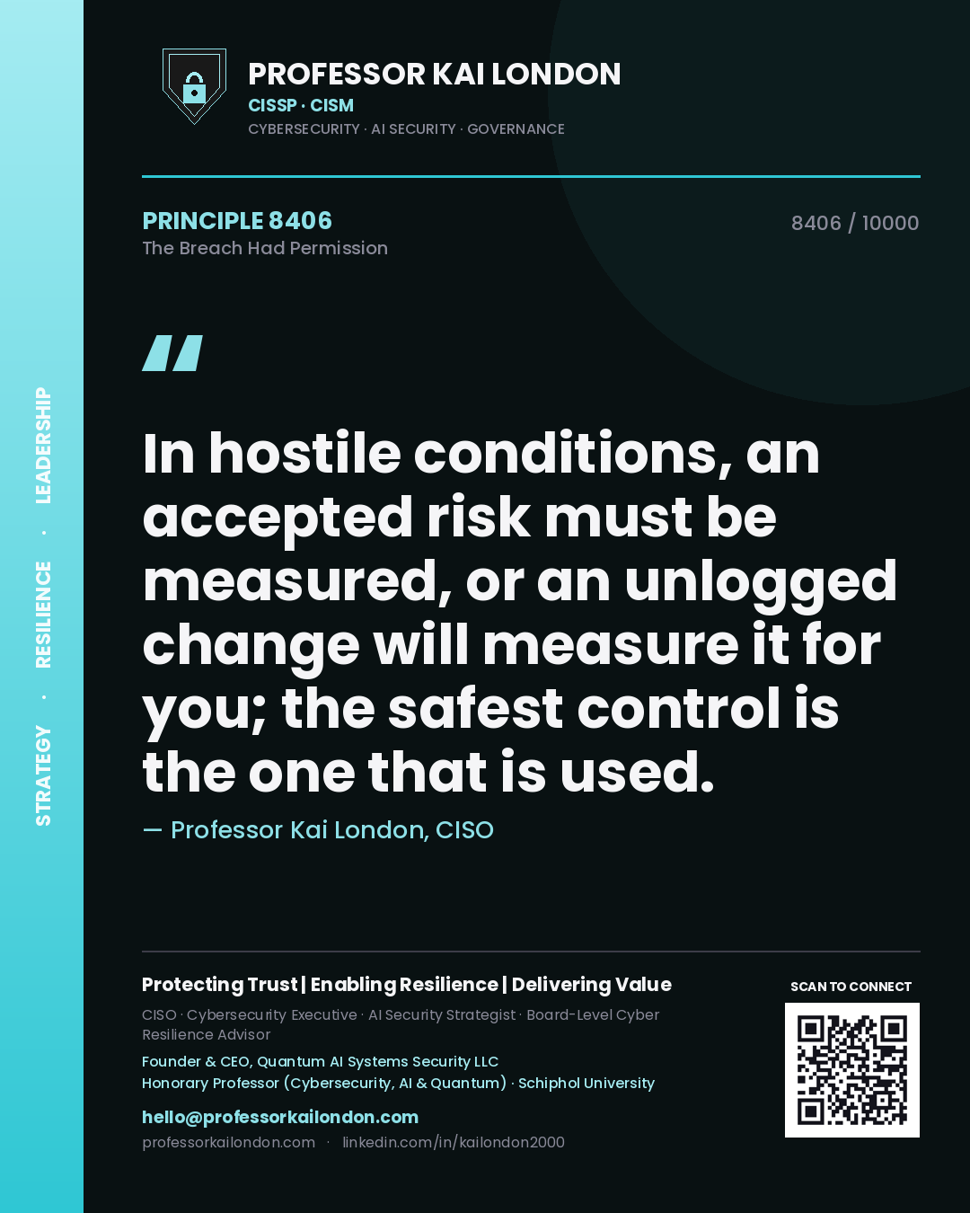 Quote card by Professor Kai London reading 'In hostile conditions, an accepted risk must be measured, or an unlogged change will measure it for you; the safest control is the one that is used.'. From the book The Breach Had Permission.