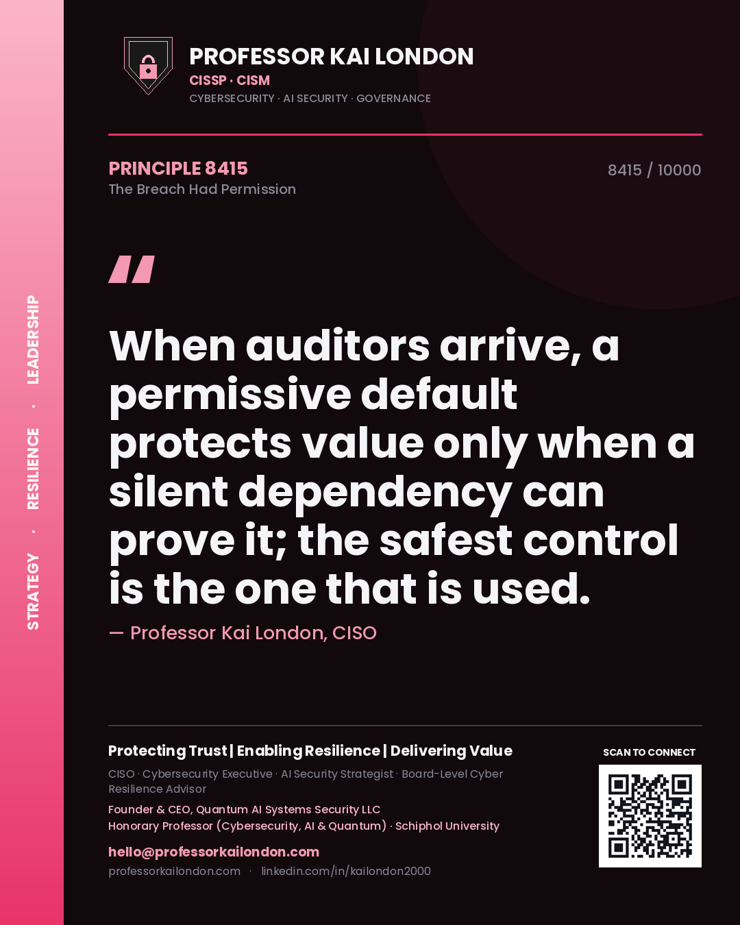 Quote card by Professor Kai London reading 'When auditors arrive, a permissive default protects value only when a silent dependency can prove it; the safest control is the one that is used.'. From the book The Breach Had Permission.