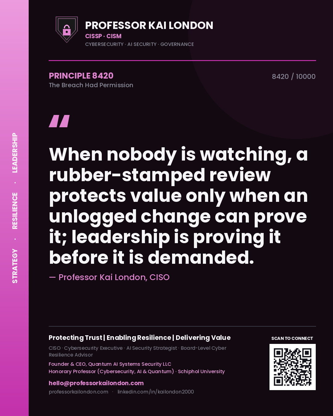 Professor Kai London principle 8420: When nobody is watching, a rubber-stamped review protects value only when an unlogged change can prove it; leadership is proving it before it is demanded.