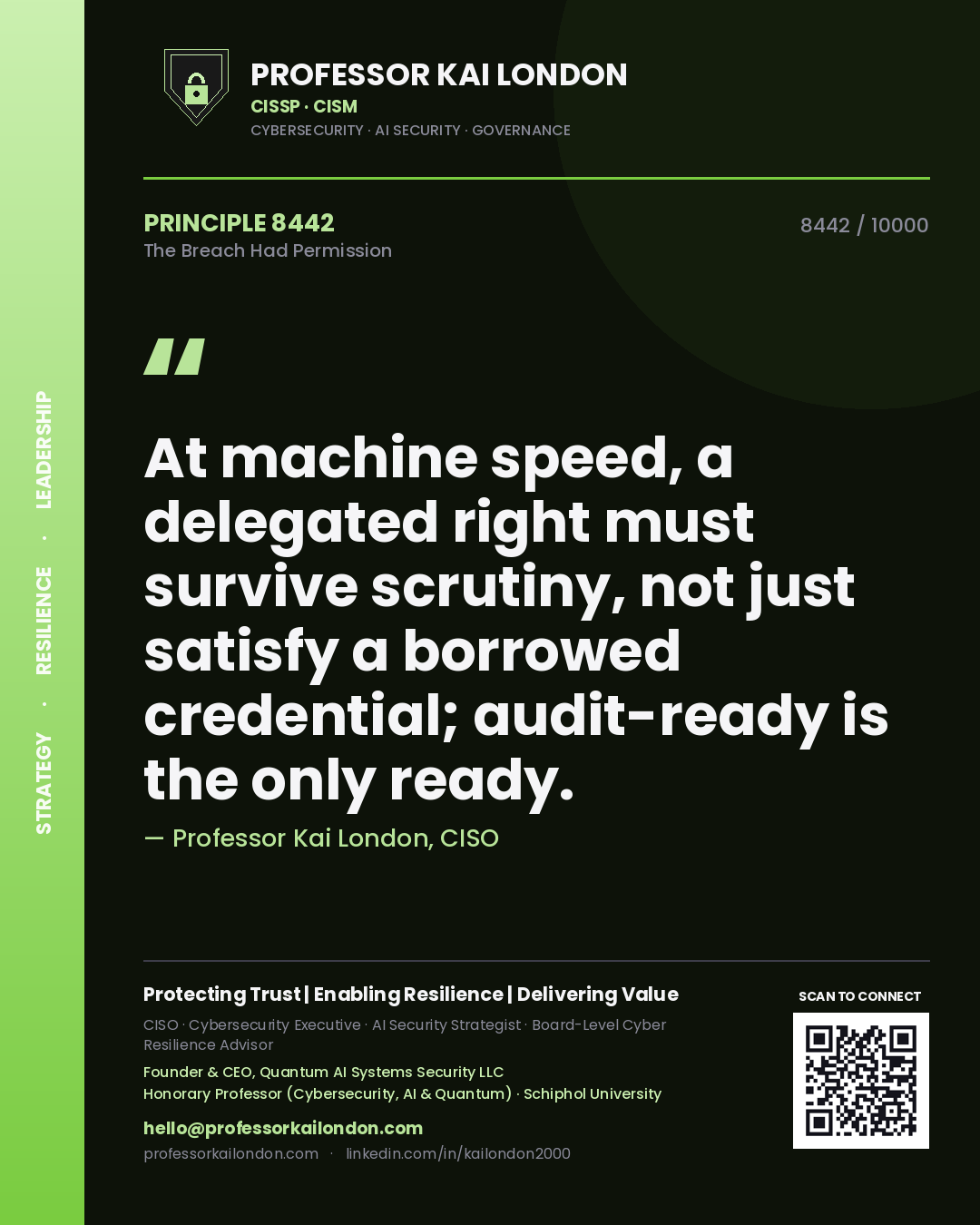 Professor Kai London principle 8442: At machine speed, a delegated right must survive scrutiny, not just satisfy a borrowed credential; audit-ready is the only ready.