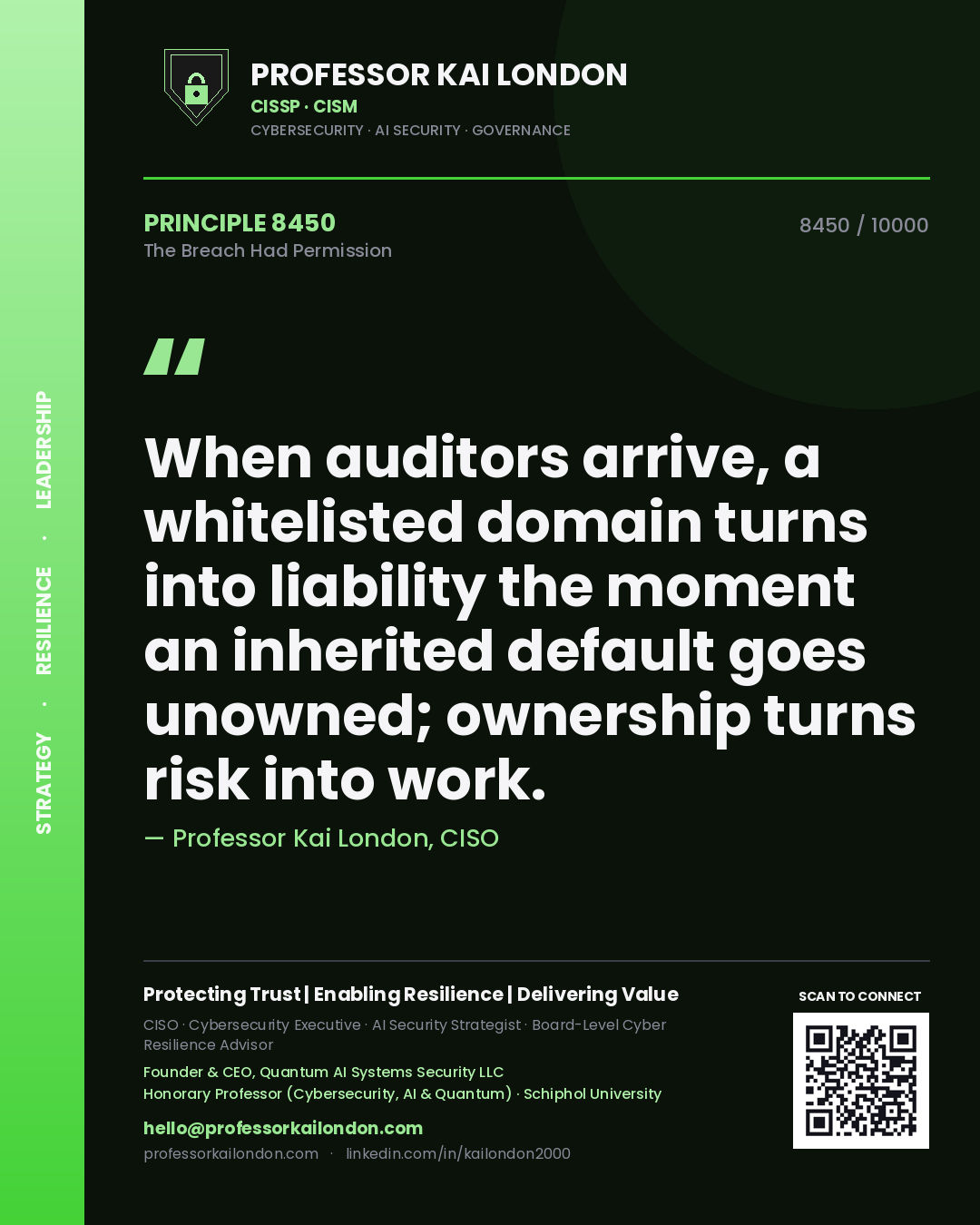 Professor Kai London principle 8450: When auditors arrive, a whitelisted domain turns into liability the moment an inherited default goes unowned; ownership turns risk into work.