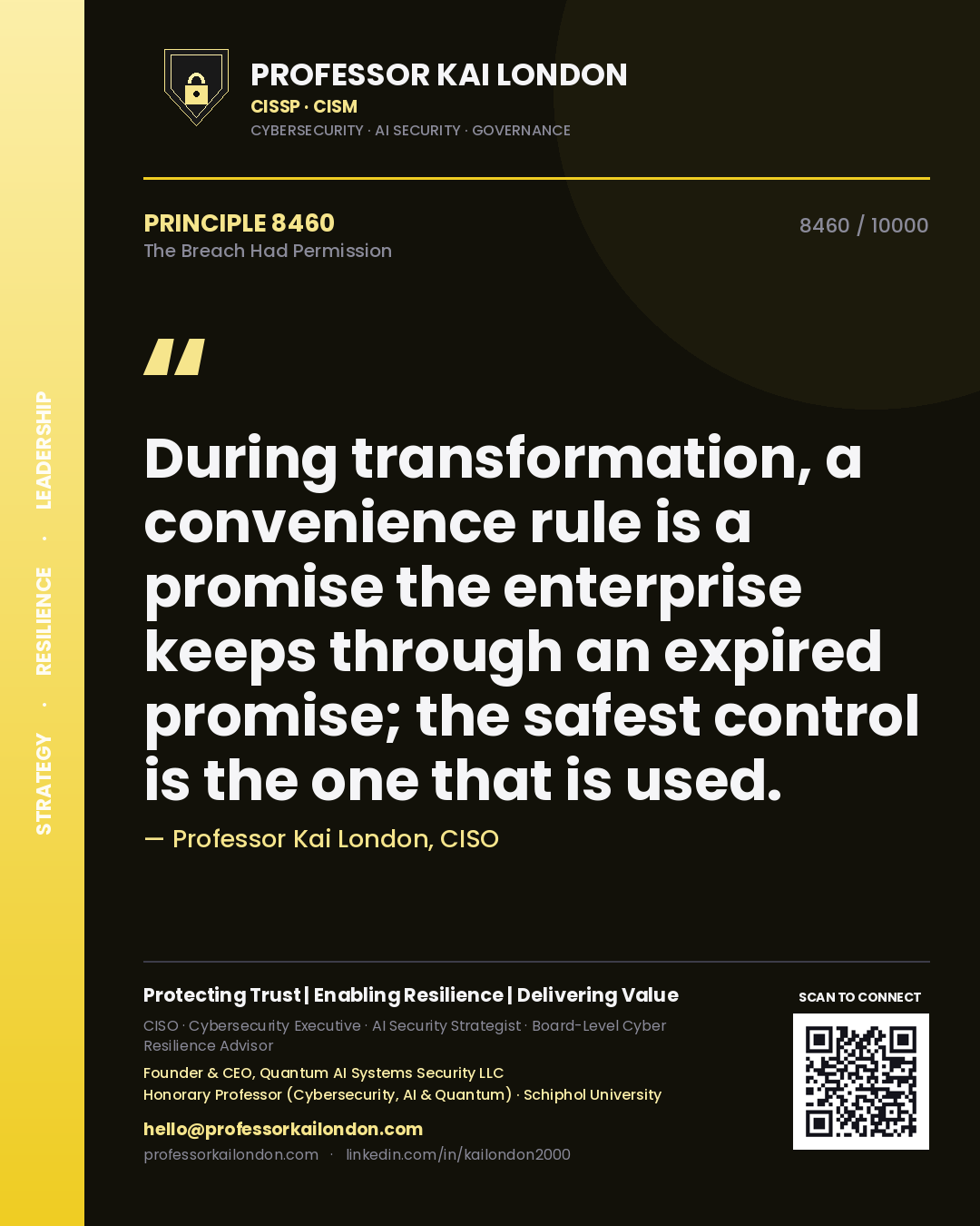 Professor Kai London principle 8460: During transformation, a convenience rule is a promise the enterprise keeps through an expired promise; the safest control is the one that is used.