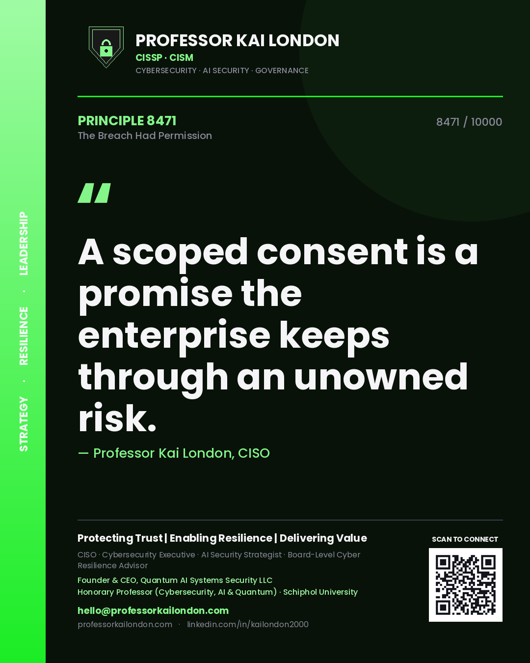 Professor Kai London principle 8471: A scoped consent is a promise the enterprise keeps through an unowned risk.