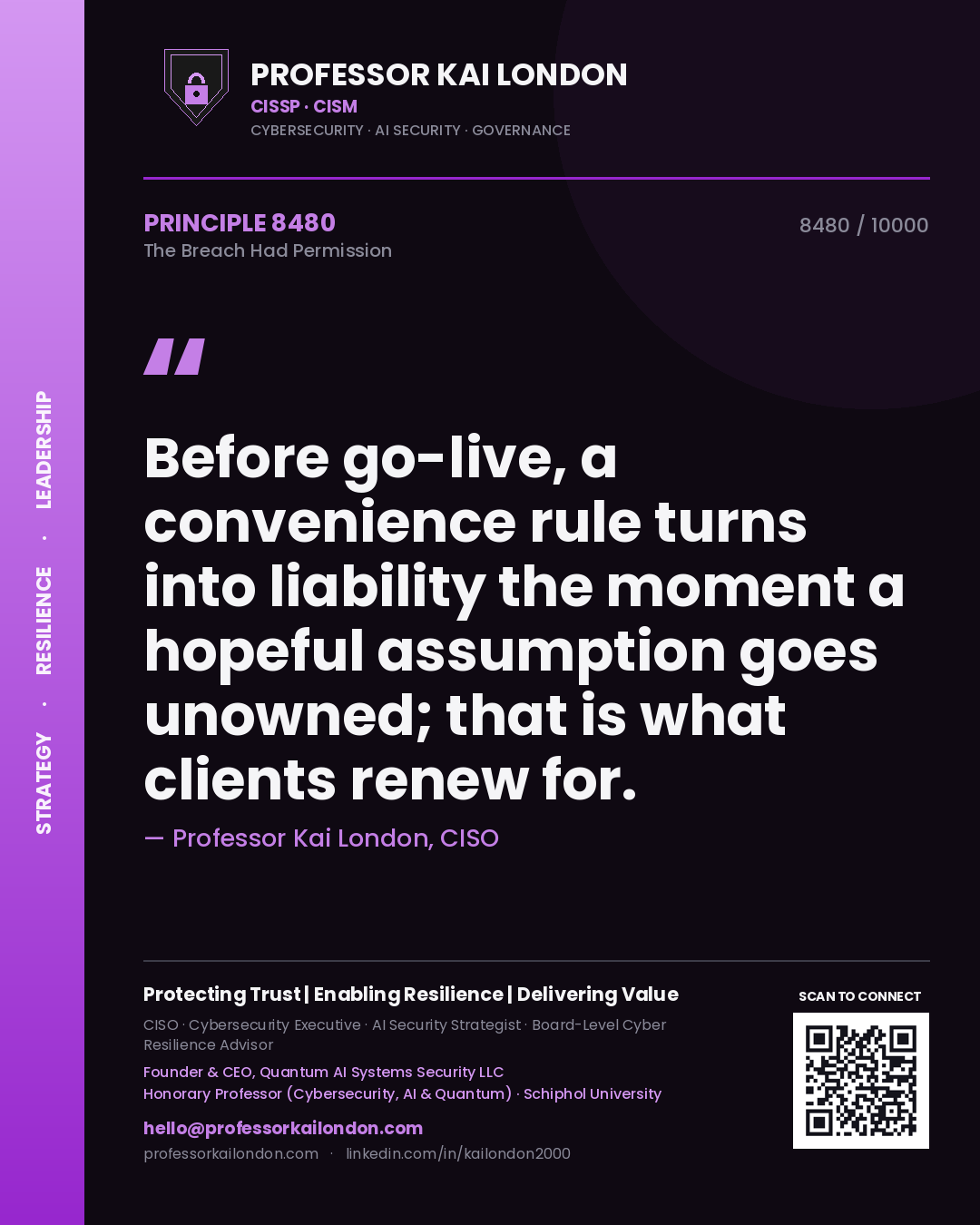 Professor Kai London principle 8480: Before go-live, a convenience rule turns into liability the moment a hopeful assumption goes unowned; that is what clients renew for.