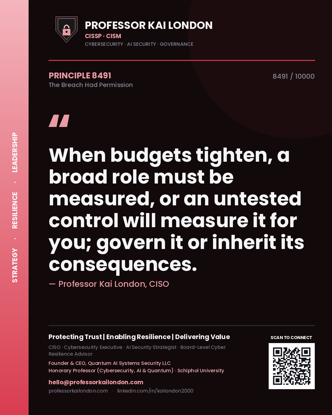 Professor Kai London principle 8491: When budgets tighten, a broad role must be measured, or an untested control will measure it for you; govern it or inherit its consequences.