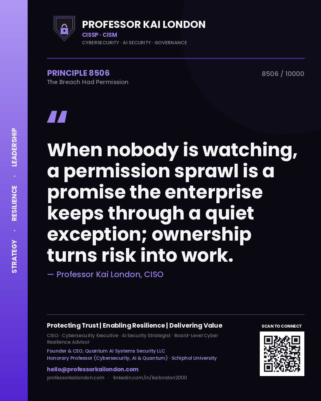 Professor Kai London principle 8506: When nobody is watching, a permission sprawl is a promise the enterprise keeps through a quiet exception; ownership turns risk into work.