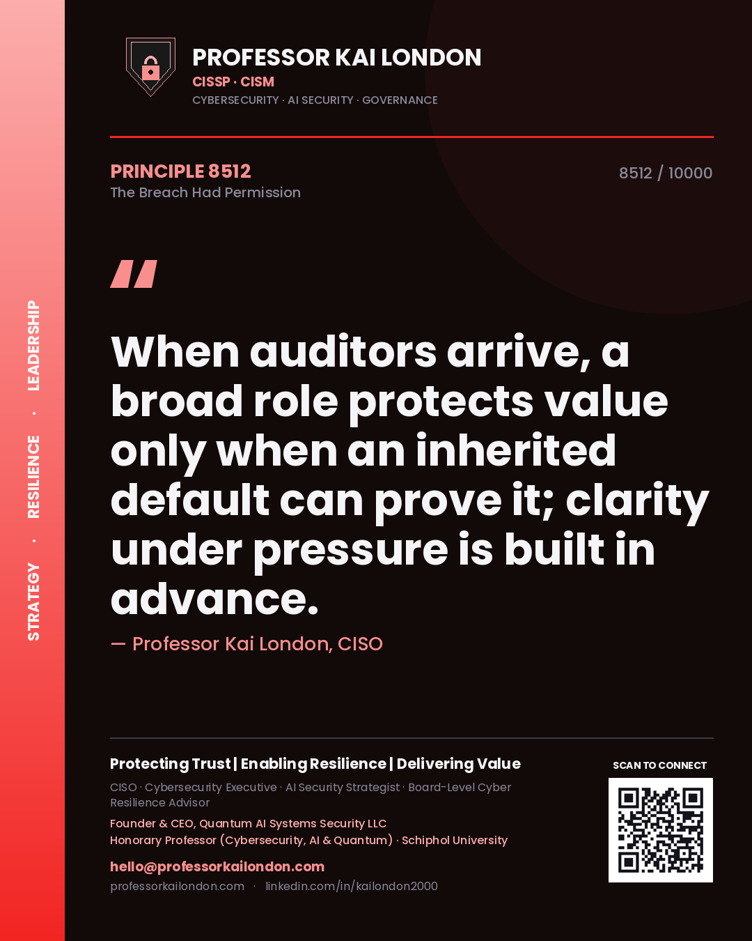 Professor Kai London principle 8512: When auditors arrive, a broad role protects value only when an inherited default can prove it; clarity under pressure is built in advance.