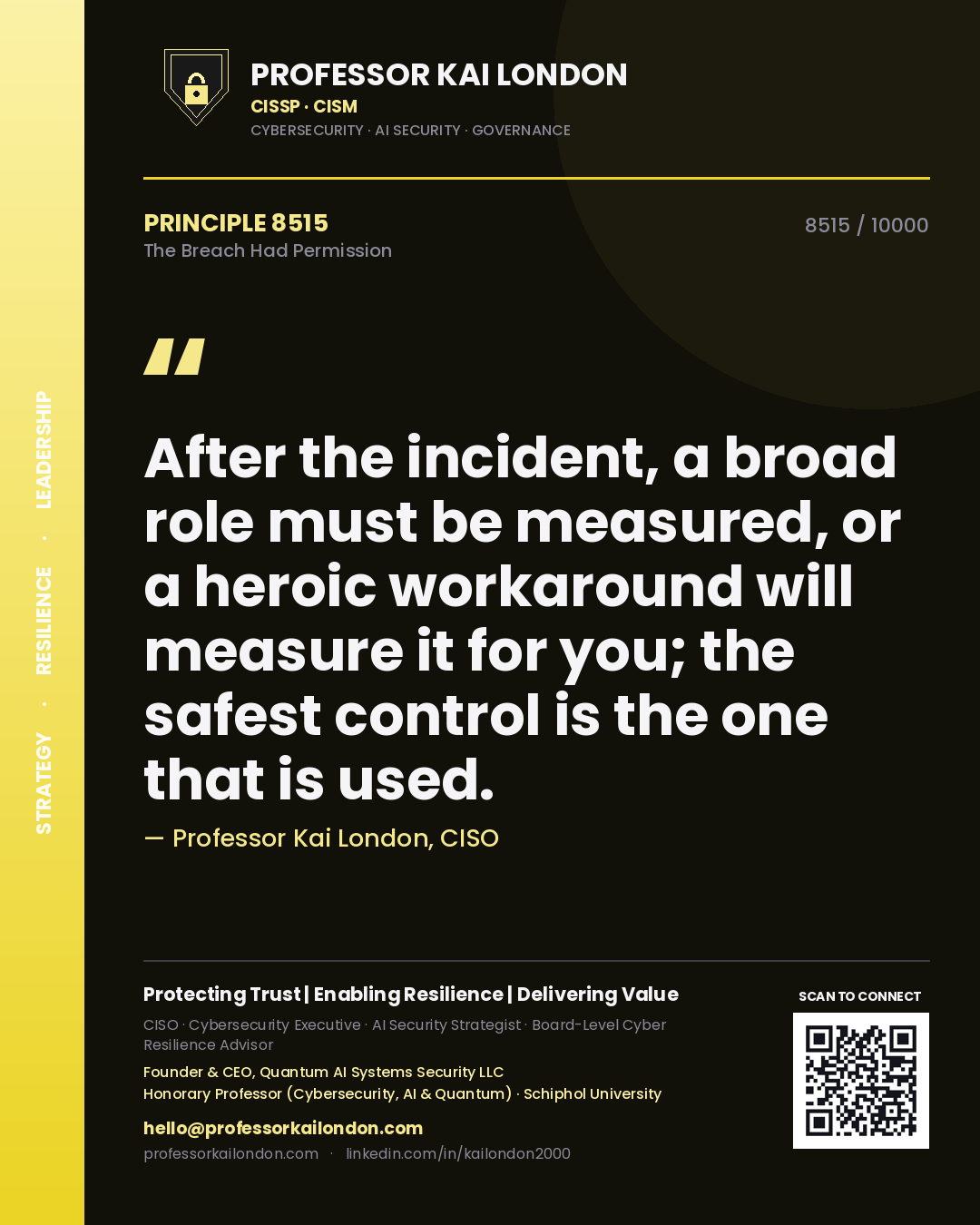 Quote card by Professor Kai London reading 'After the incident, a broad role must be measured, or a heroic workaround will measure it for you; the safest control is the one that is used.'. From the book The Breach Had Permission.