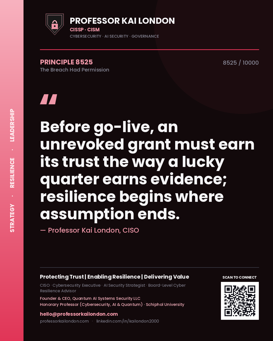 Professor Kai London principle 8525: Before go-live, an unrevoked grant must earn its trust the way a lucky quarter earns evidence; resilience begins where assumption ends.