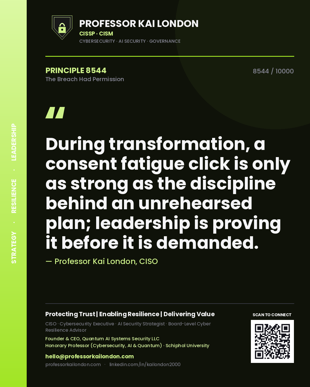 Professor Kai London principle 8544: During transformation, a consent fatigue click is only as strong as the discipline behind an unrehearsed plan; leadership is proving it before it is demanded.
