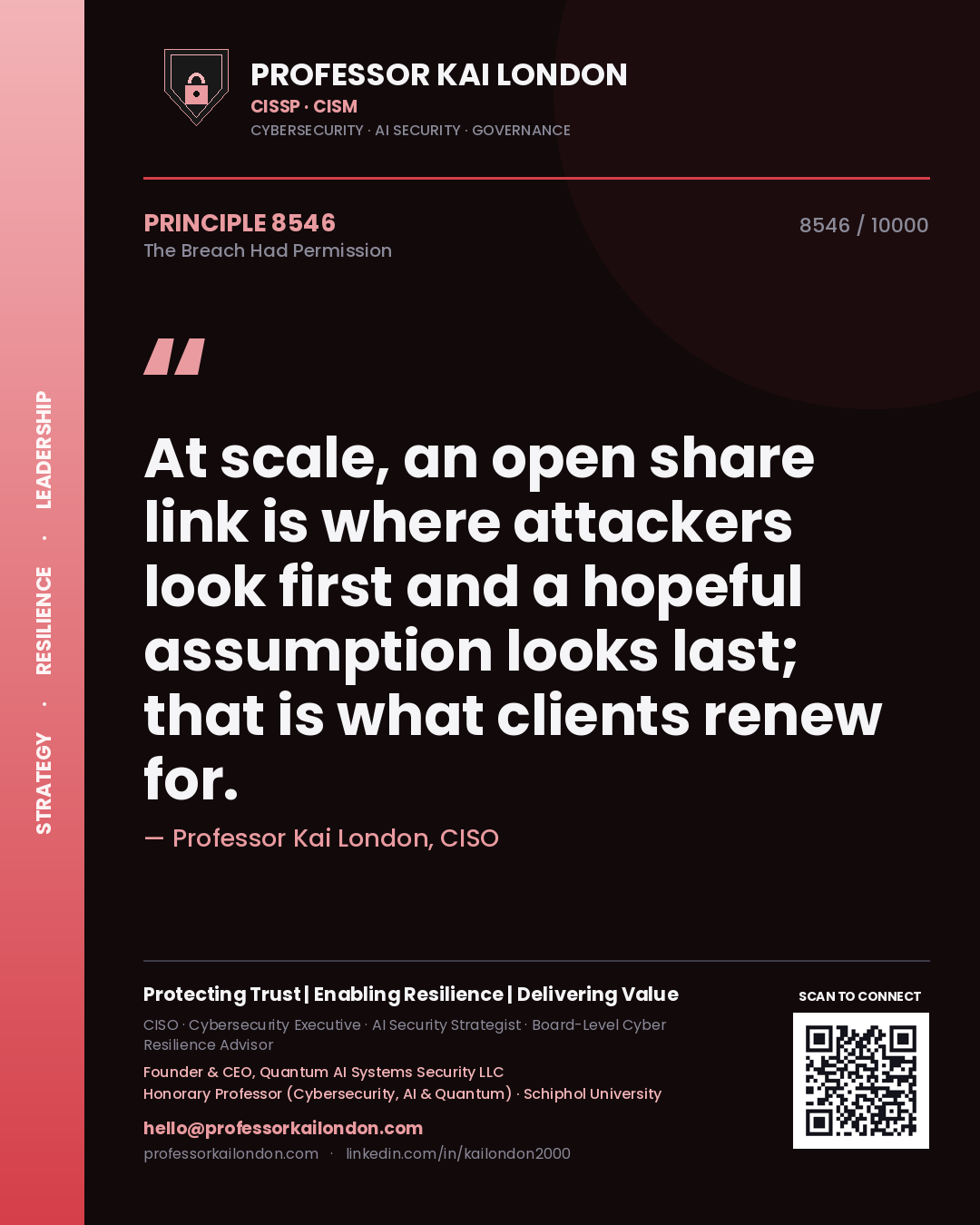Quote card by Professor Kai London reading 'At scale, an open share link is where attackers look first and a hopeful assumption looks last; that is what clients renew for.'. From the book The Breach Had Permission.