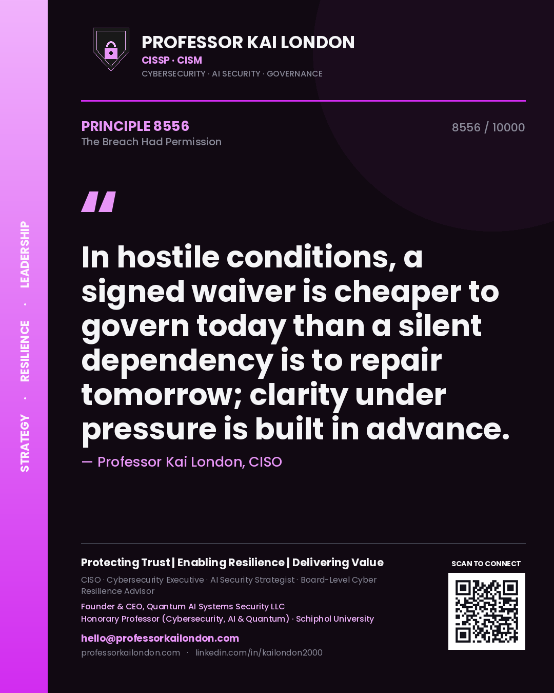 Professor Kai London principle 8556: In hostile conditions, a signed waiver is cheaper to govern today than a silent dependency is to repair tomorrow; clarity under pressure is built in advance.