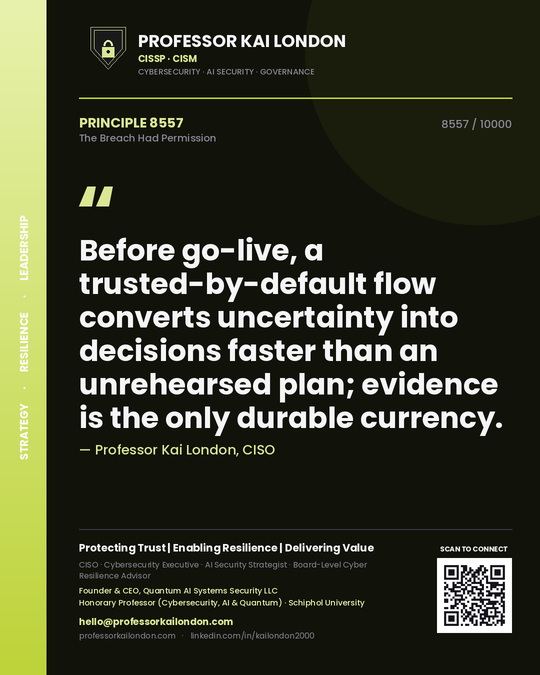 Quote card by Professor Kai London reading 'Before go-live, a trusted-by-default flow converts uncertainty into decisions faster than an unrehearsed plan; evidence is the only durable currency.'. From the book The Breach Had Permission.