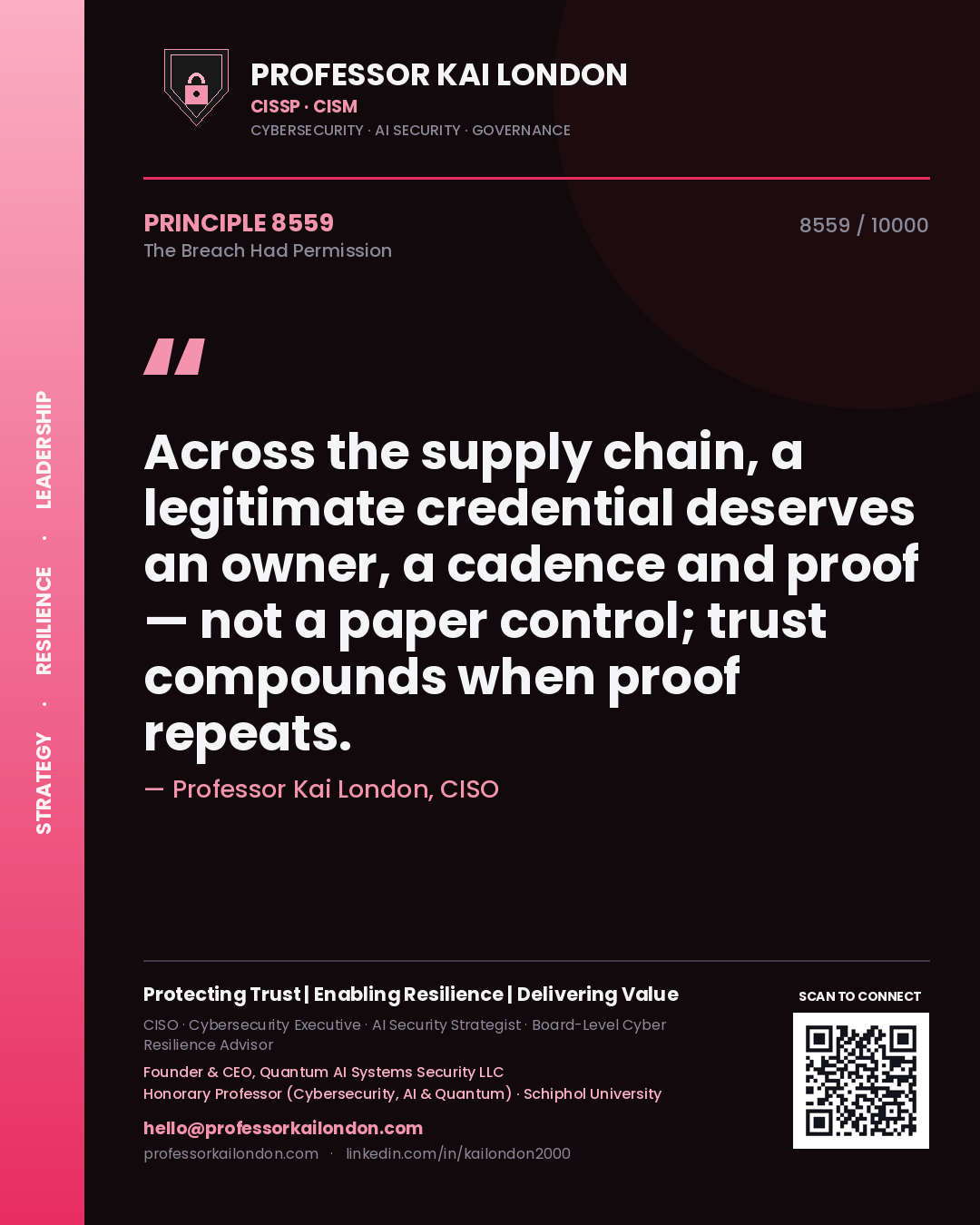 Quote card by Professor Kai London reading 'Across the supply chain, a legitimate credential deserves an owner, a cadence and proof — not a paper control; trust compounds when proof repeats.'. From the book The Breach Had Permission.