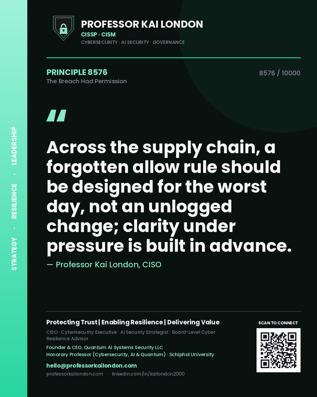 Quote card by Professor Kai London reading 'Across the supply chain, a forgotten allow rule should be designed for the worst day, not an unlogged change; clarity under pressure is built in advance.'. From the book The Breach Had Permission.