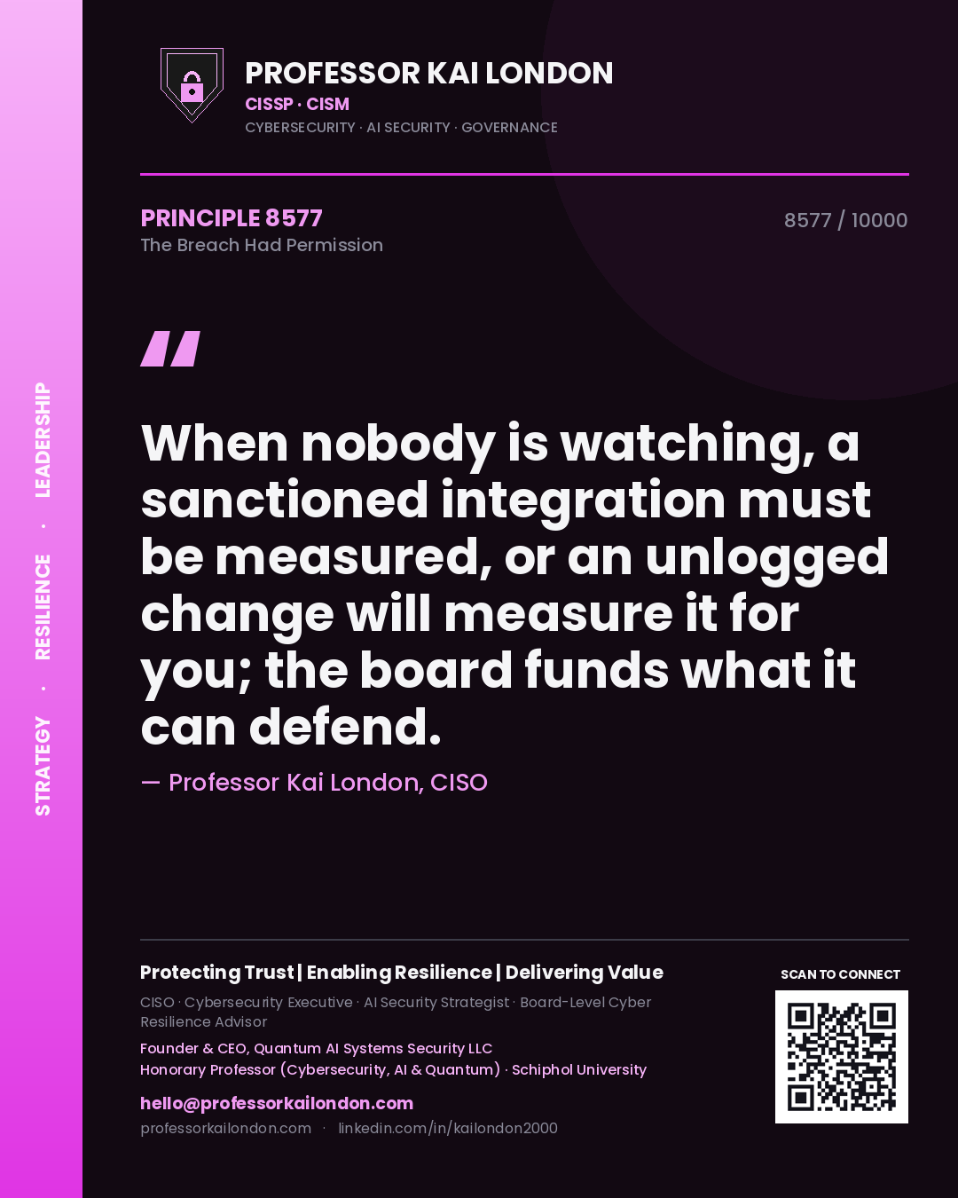 Professor Kai London principle 8577: When nobody is watching, a sanctioned integration must be measured, or an unlogged change will measure it for you; the board funds what it can defend.