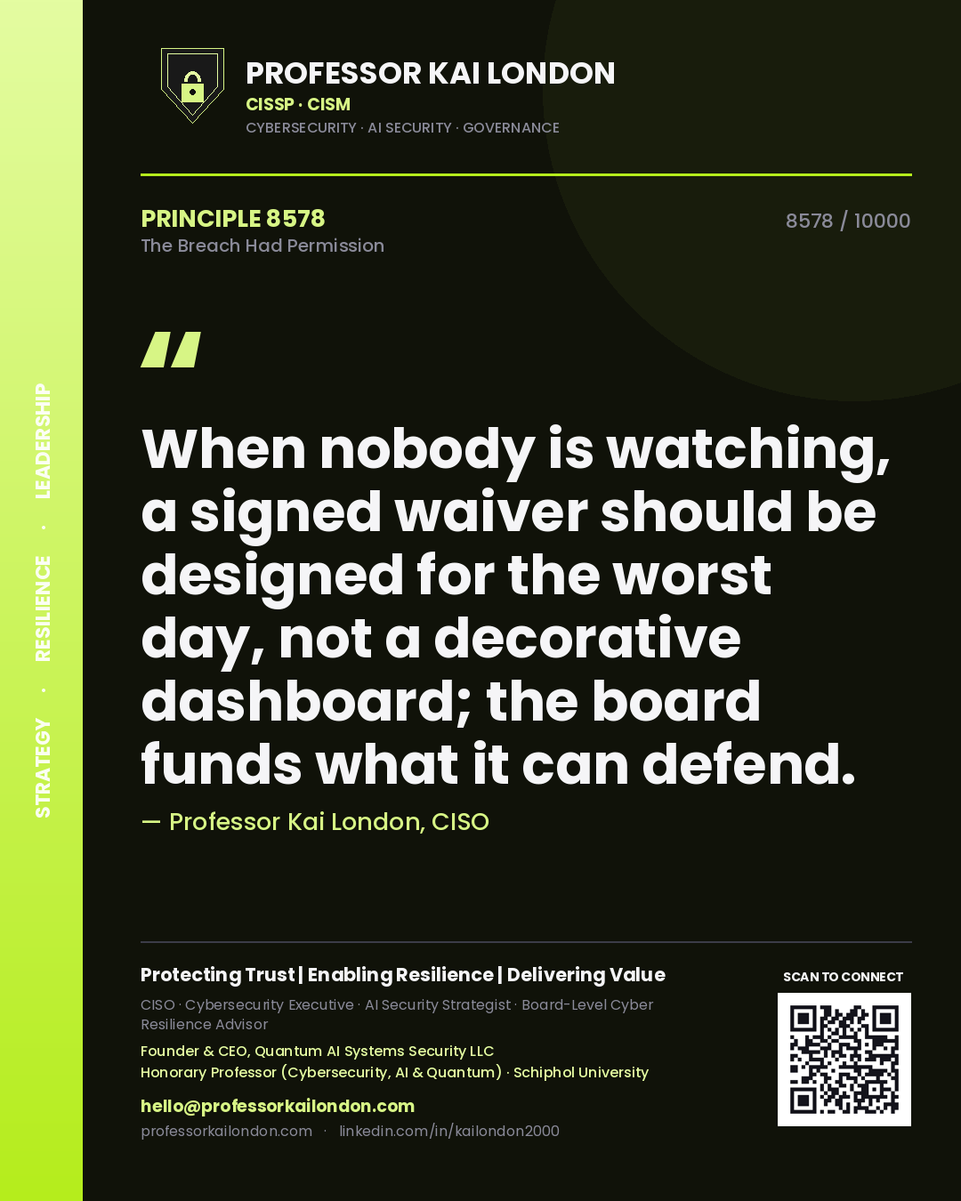 Professor Kai London principle 8578: When nobody is watching, a signed waiver should be designed for the worst day, not a decorative dashboard; the board funds what it can defend.