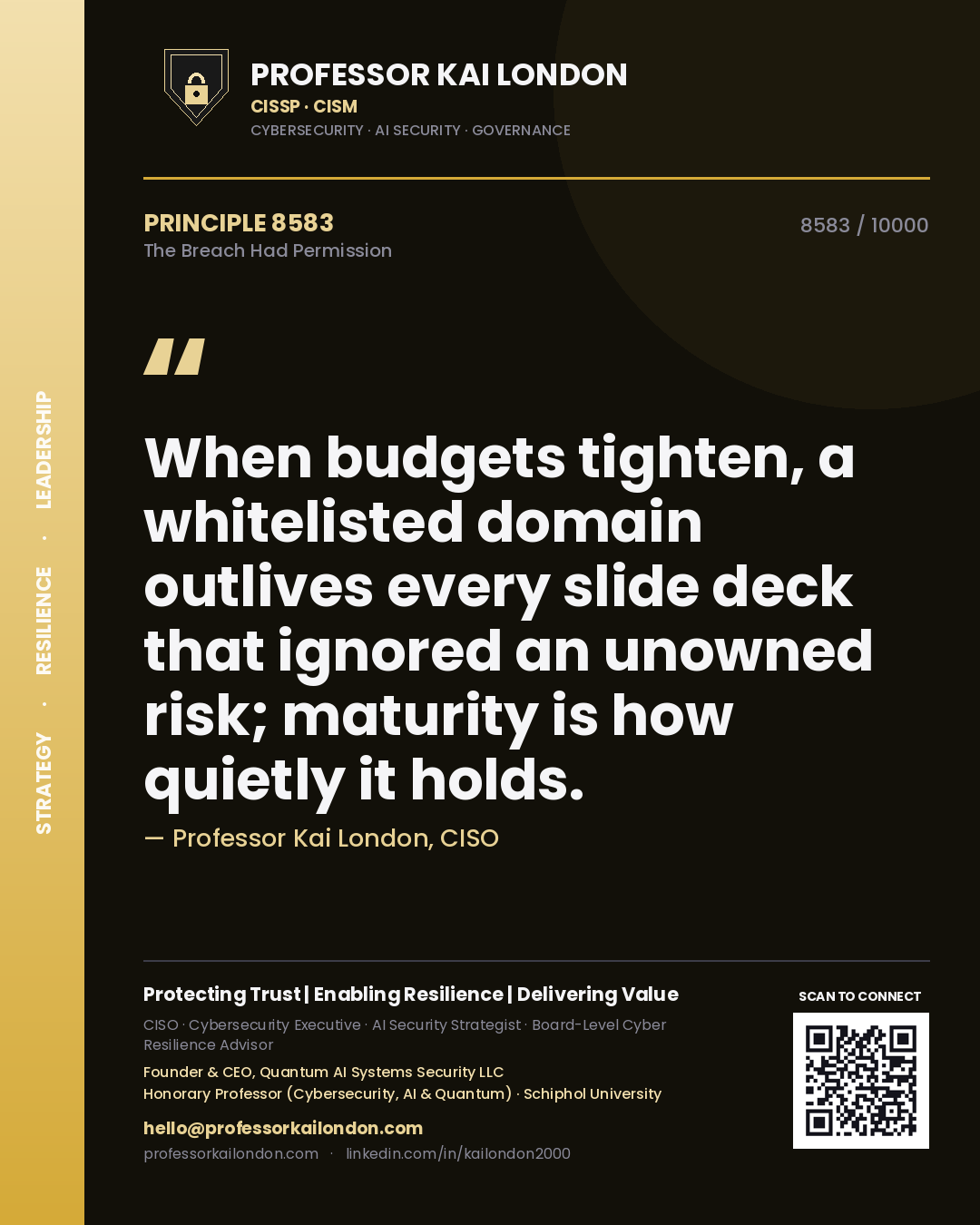 Quote card by Professor Kai London reading 'When budgets tighten, a whitelisted domain outlives every slide deck that ignored an unowned risk; maturity is how quietly it holds.'. From the book The Breach Had Permission.