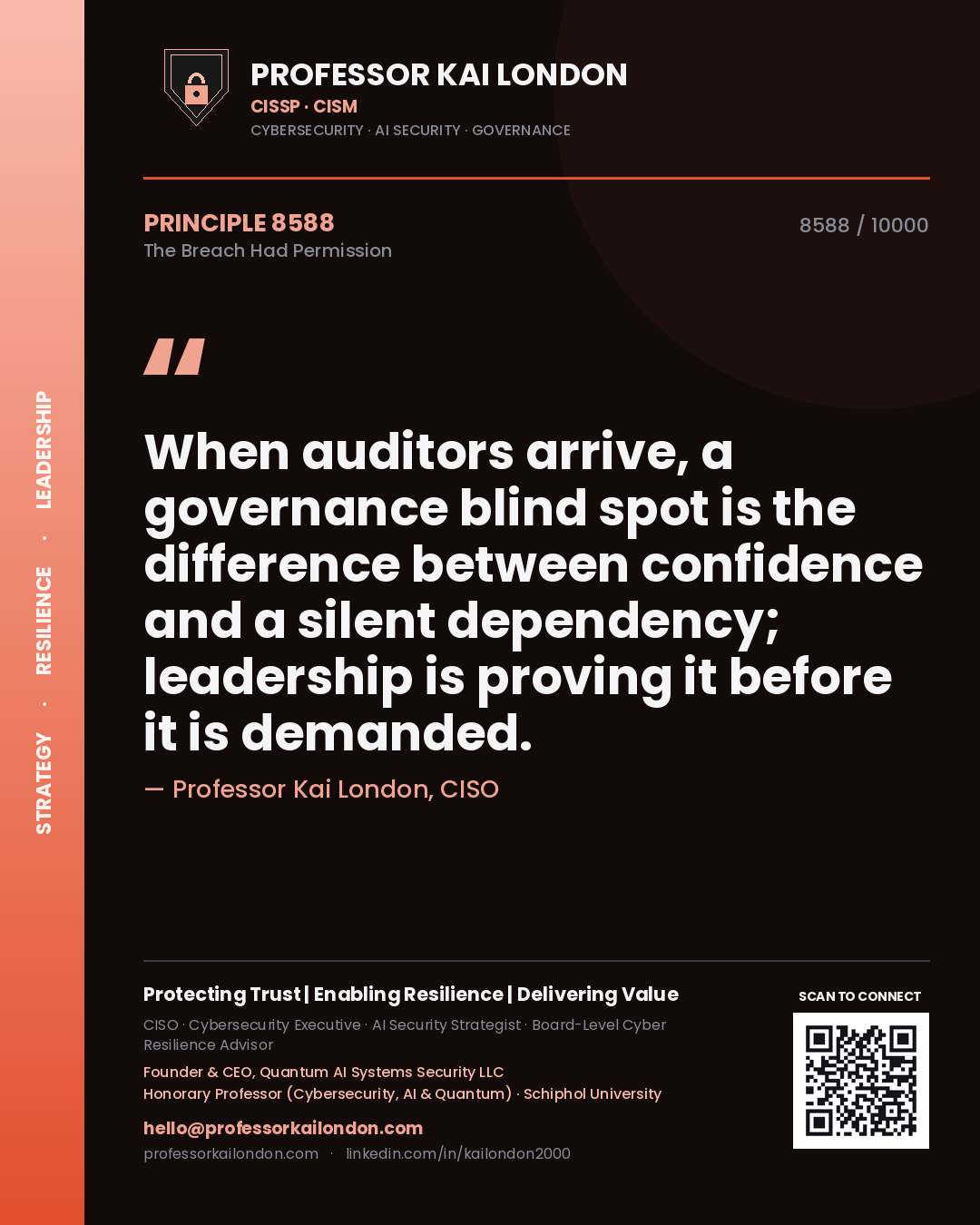 Quote card by Professor Kai London reading 'When auditors arrive, a governance blind spot is the difference between confidence and a silent dependency; leadership is proving it before it is demanded.'. From the book The Breach Had Permission.