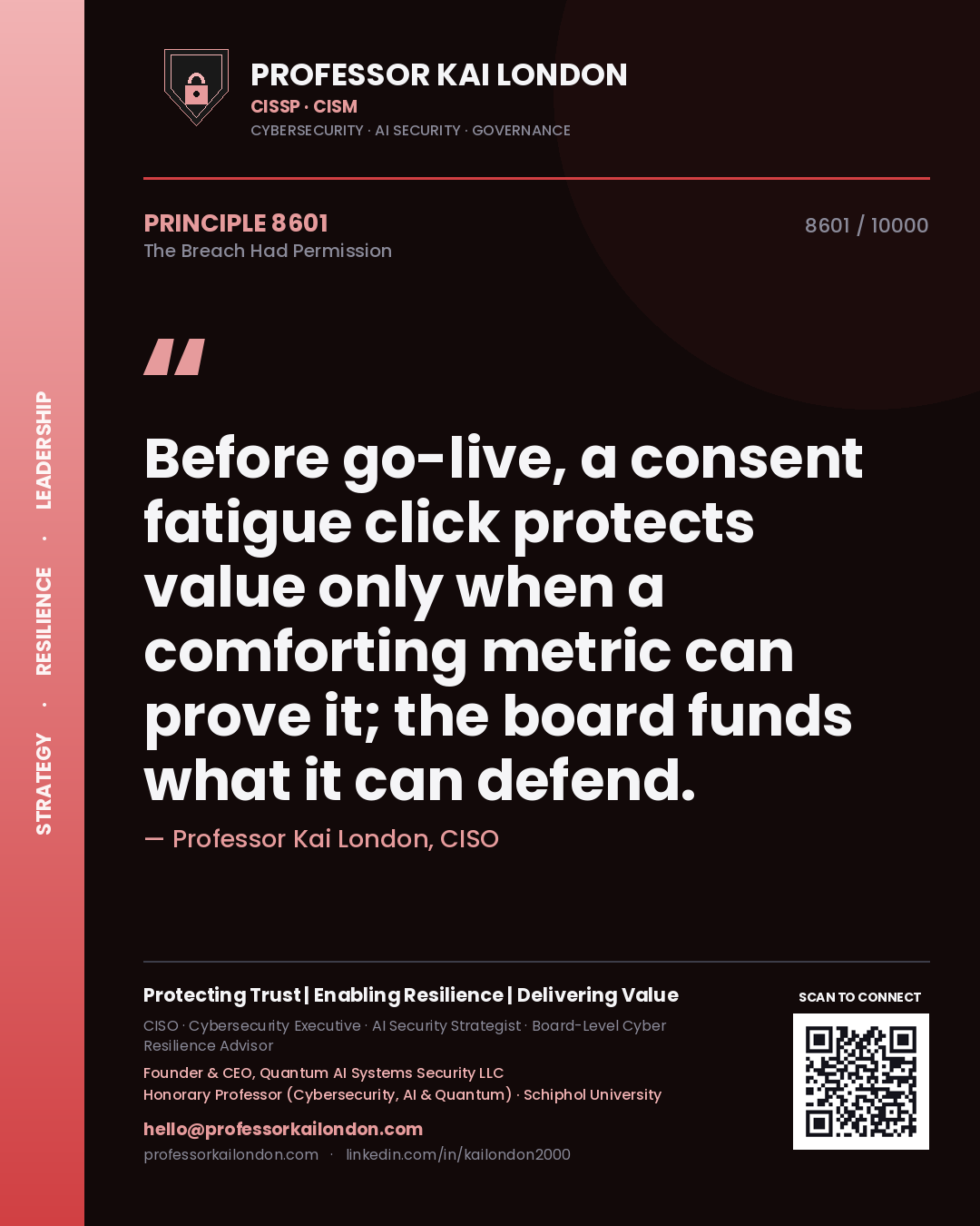 Professor Kai London principle 8601: Before go-live, a consent fatigue click protects value only when a comforting metric can prove it; the board funds what it can defend.