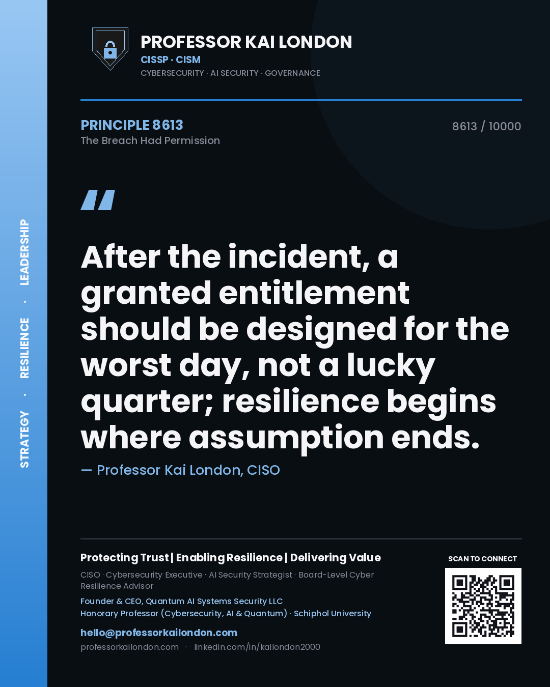 Professor Kai London principle 8613: After the incident, a granted entitlement should be designed for the worst day, not a lucky quarter; resilience begins where assumption ends.