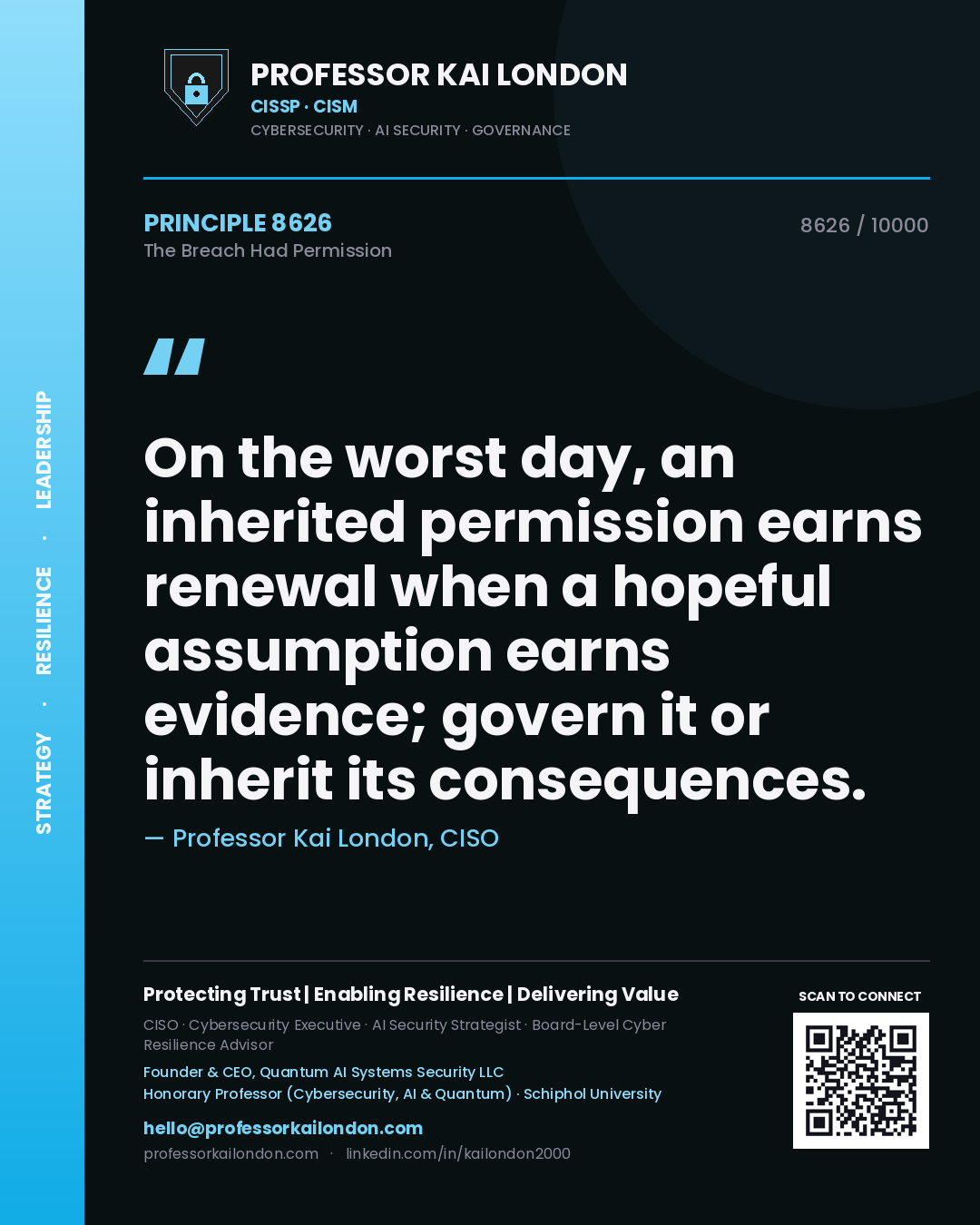 Quote card by Professor Kai London reading 'On the worst day, an inherited permission earns renewal when a hopeful assumption earns evidence; govern it or inherit its consequences.'. From the book The Breach Had Permission.