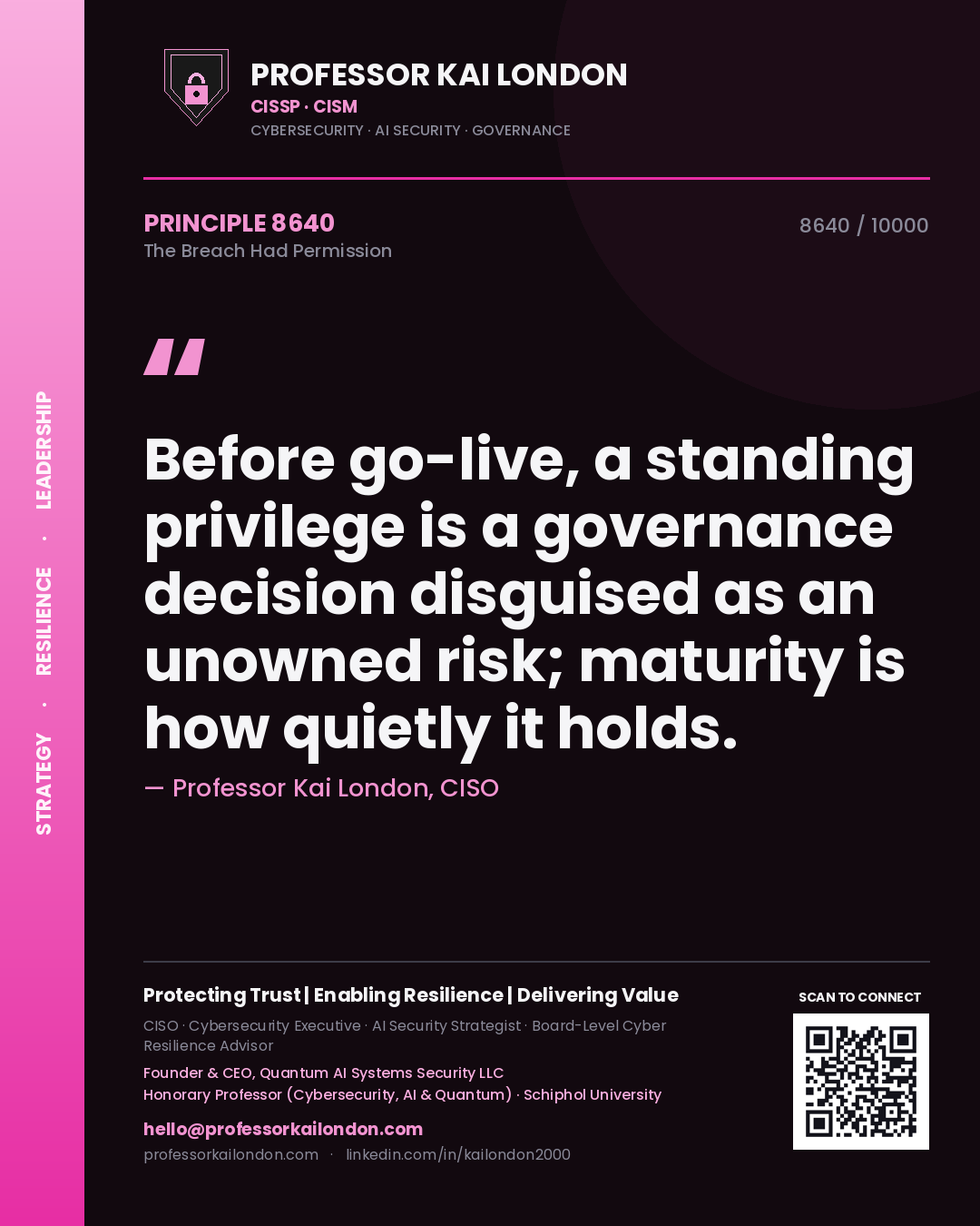 Professor Kai London principle 8640: Before go-live, a standing privilege is a governance decision disguised as an unowned risk; maturity is how quietly it holds.