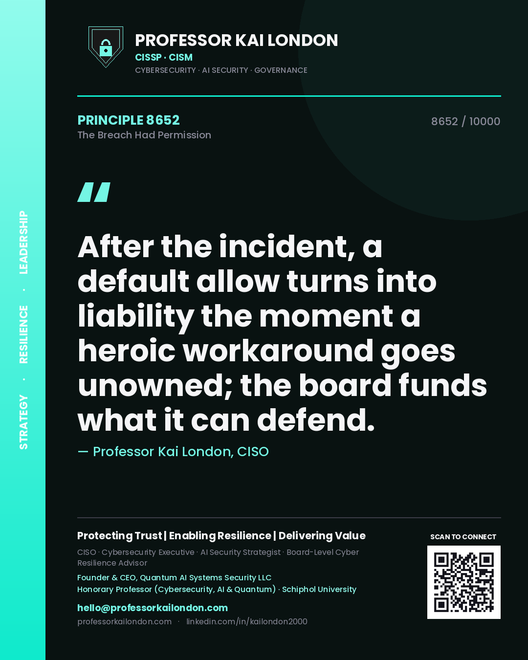 Quote card by Professor Kai London reading 'After the incident, a default allow turns into liability the moment a heroic workaround goes unowned; the board funds what it can defend.'. From the book The Breach Had Permission.