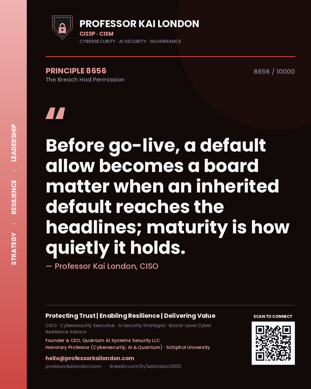 Quote card by Professor Kai London reading 'Before go-live, a default allow becomes a board matter when an inherited default reaches the headlines; maturity is how quietly it holds.'. From the book The Breach Had Permission.