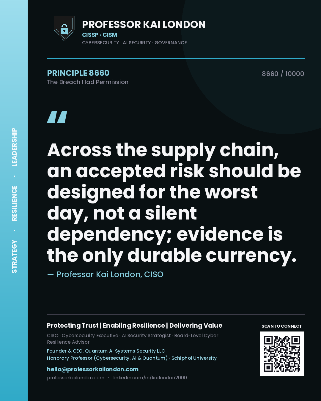 Professor Kai London principle 8660: Across the supply chain, an accepted risk should be designed for the worst day, not a silent dependency; evidence is the only durable currency.